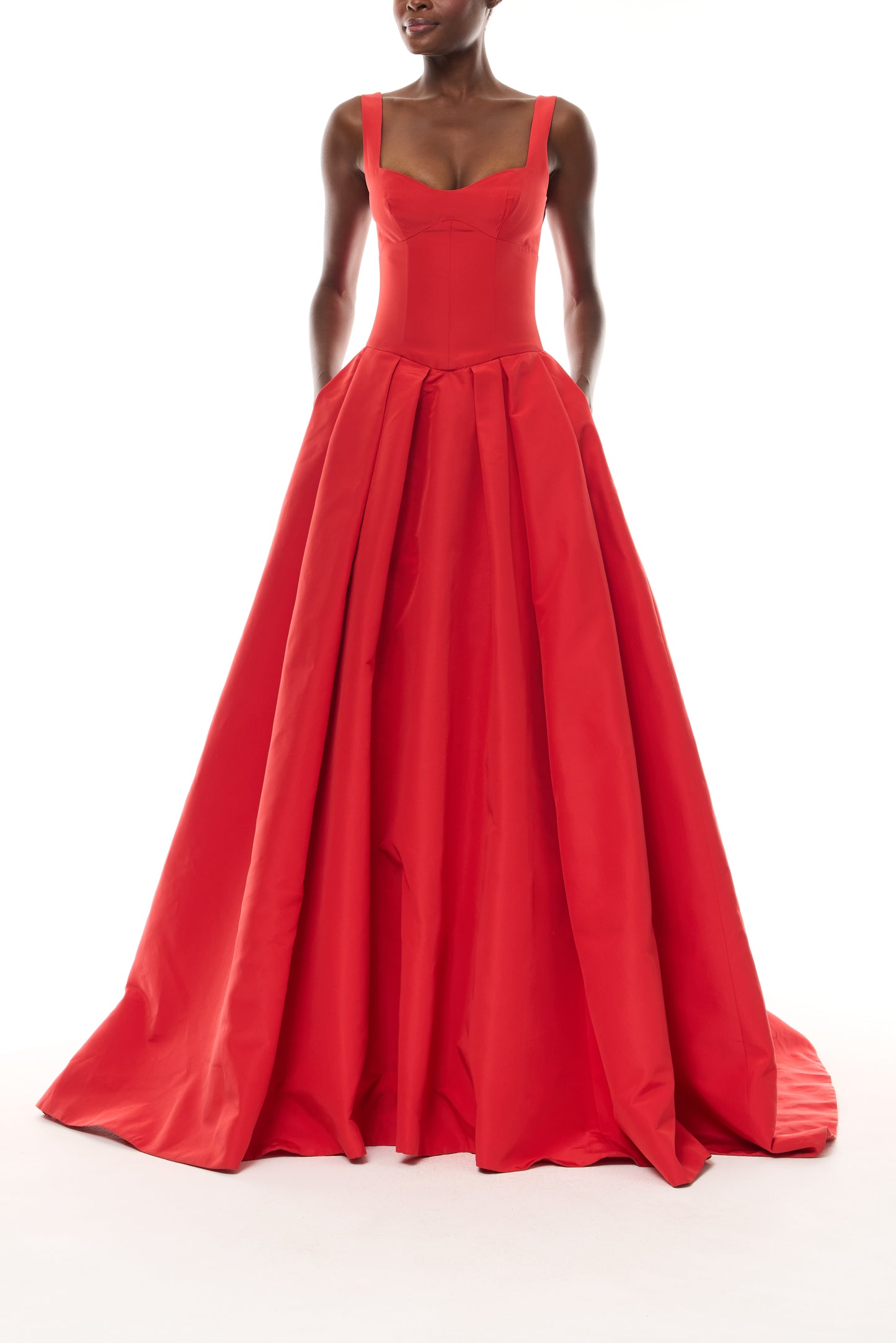 Monique Lhuillier Spring 2026 Basque waist sleeveless ballgown in Poppy Faille - front.