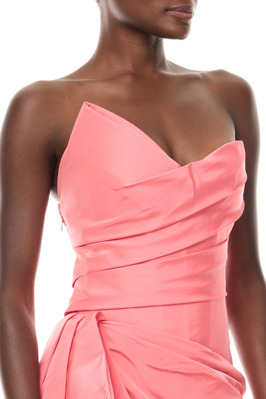 Monique Lhuillier Spring 2026 Plumeria Faille Asymmetric draped column gown - fabric.