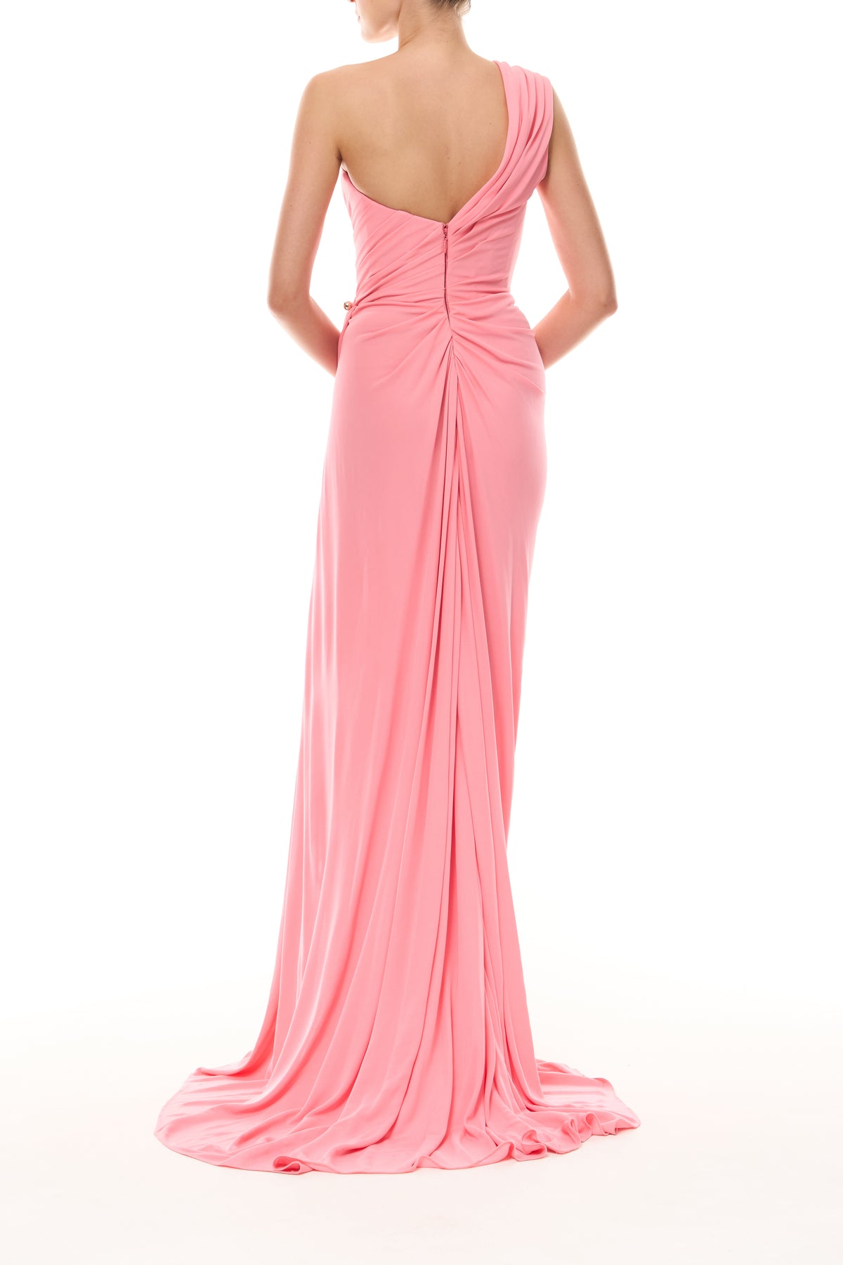 Monique Lhuillier Spring 2026 Plumeria Asymmetric draped one-shoulder gown
with gold ball piercing in lightweight crepe jersey- back.