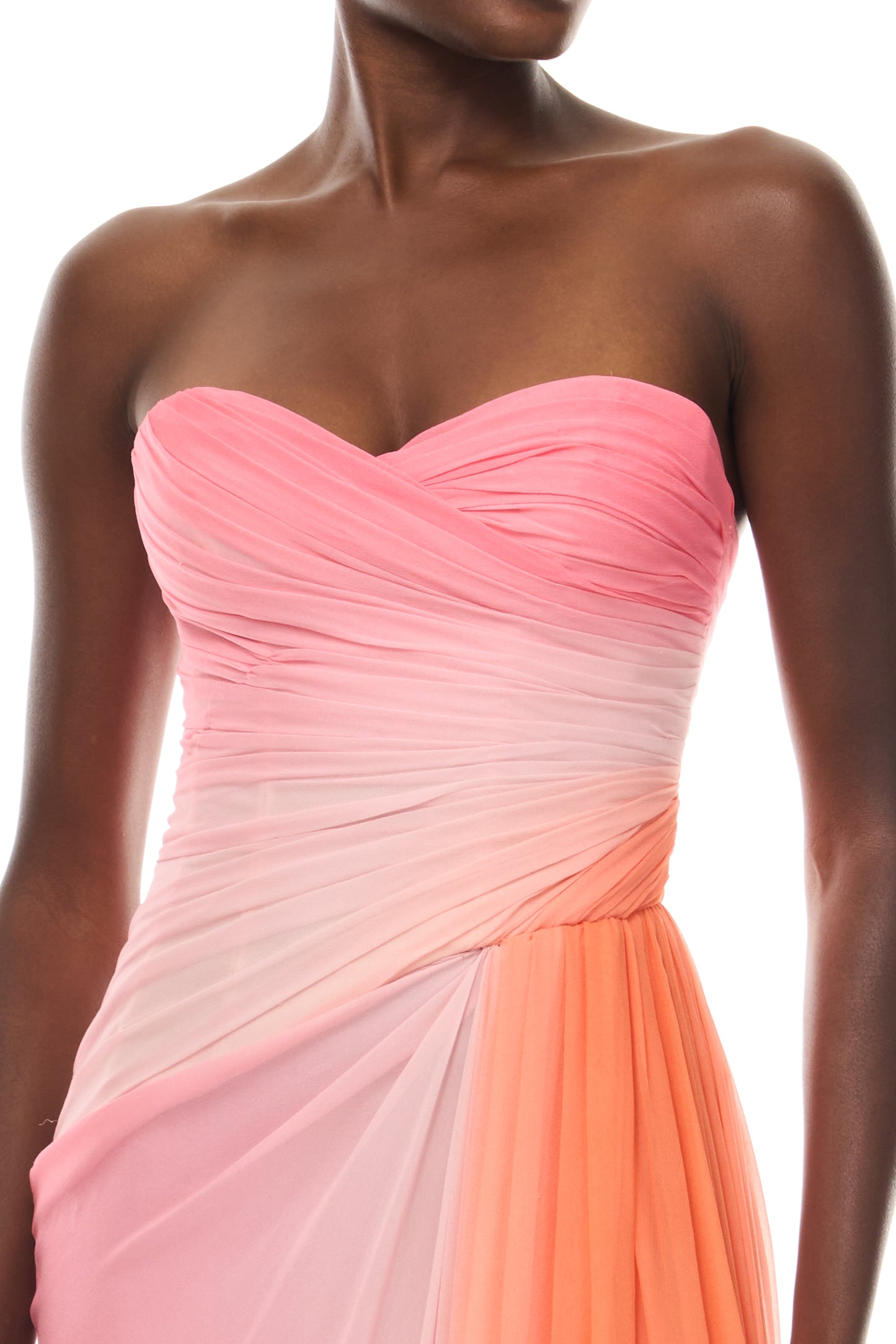 Monique Lhuillier Spring 2026 Plumeria Ombre Printed Chiffon Strapless asymmetric draped gown - fabric.