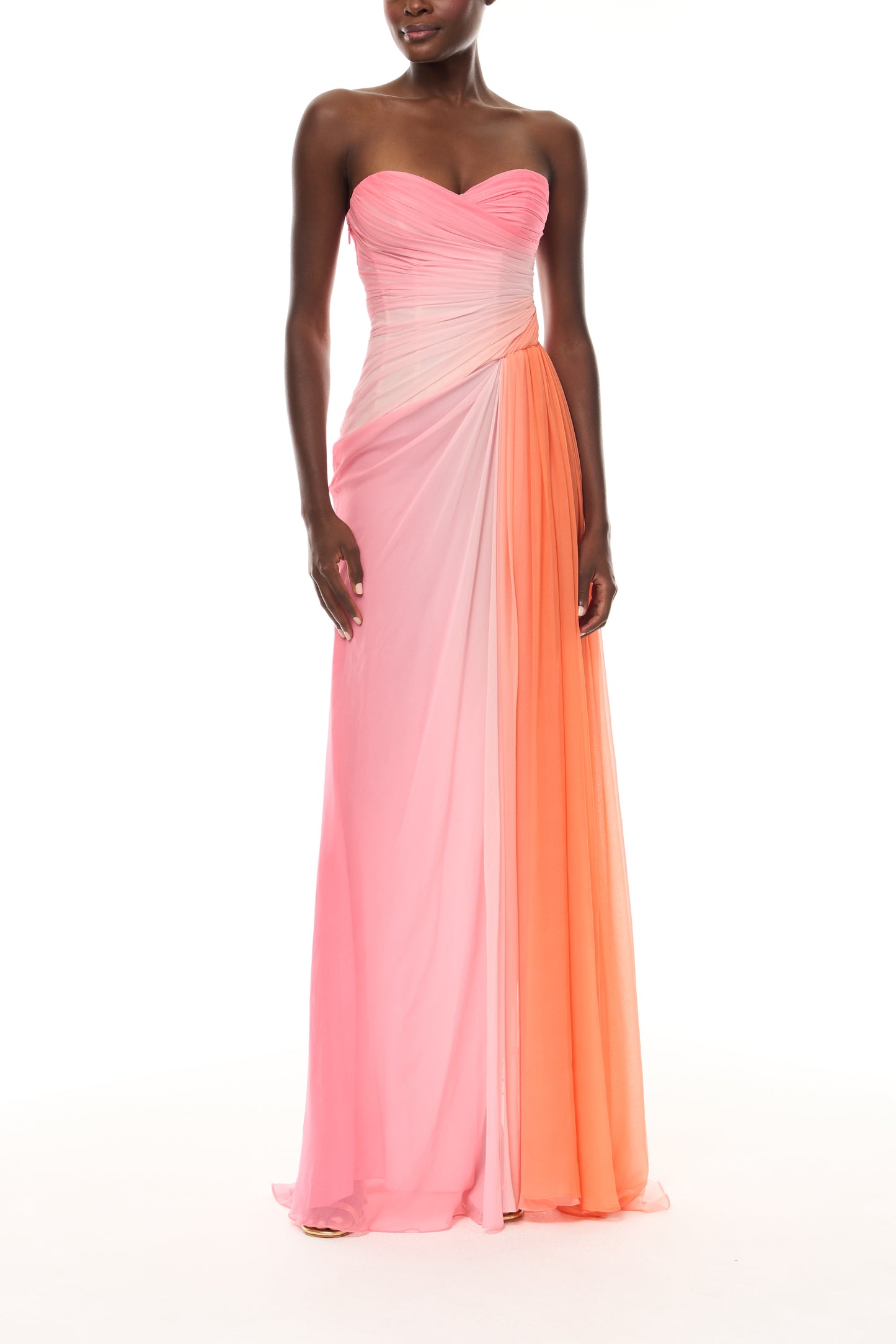 Monique Lhuillier Spring 2026 Plumeria Ombre Printed Chiffon Strapless asymmetric draped gown - front.