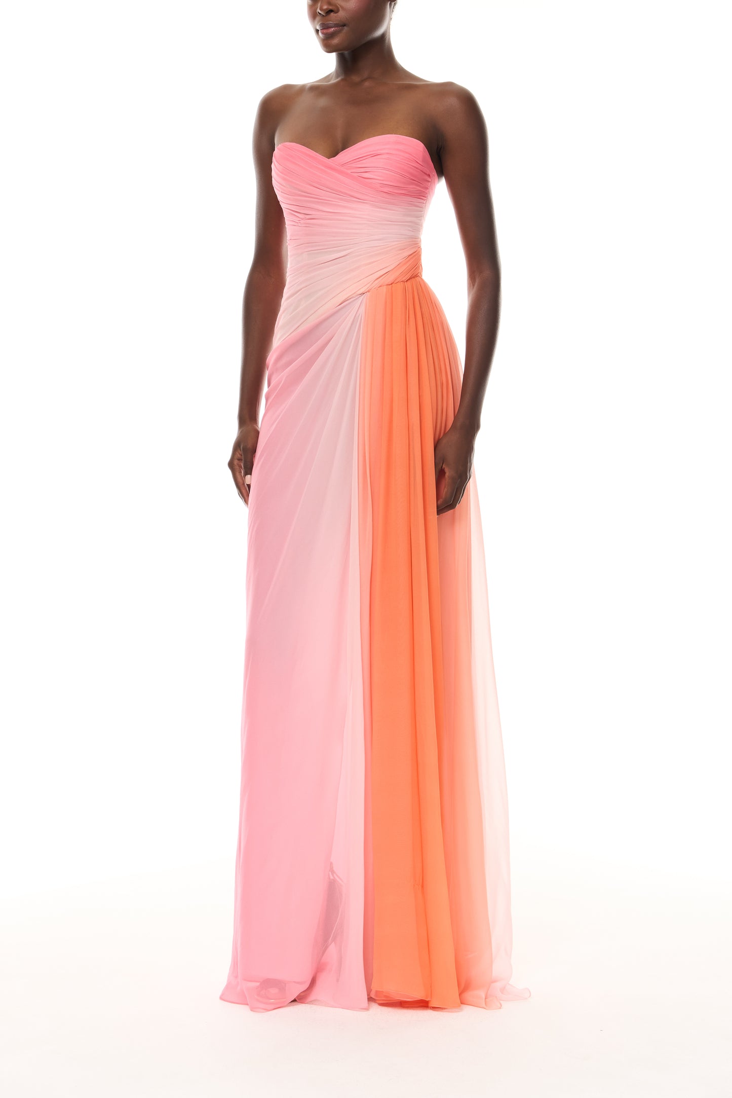 Monique Lhuillier Spring 2026 Plumeria Ombre Printed Chiffon Strapless asymmetric draped gown -side.