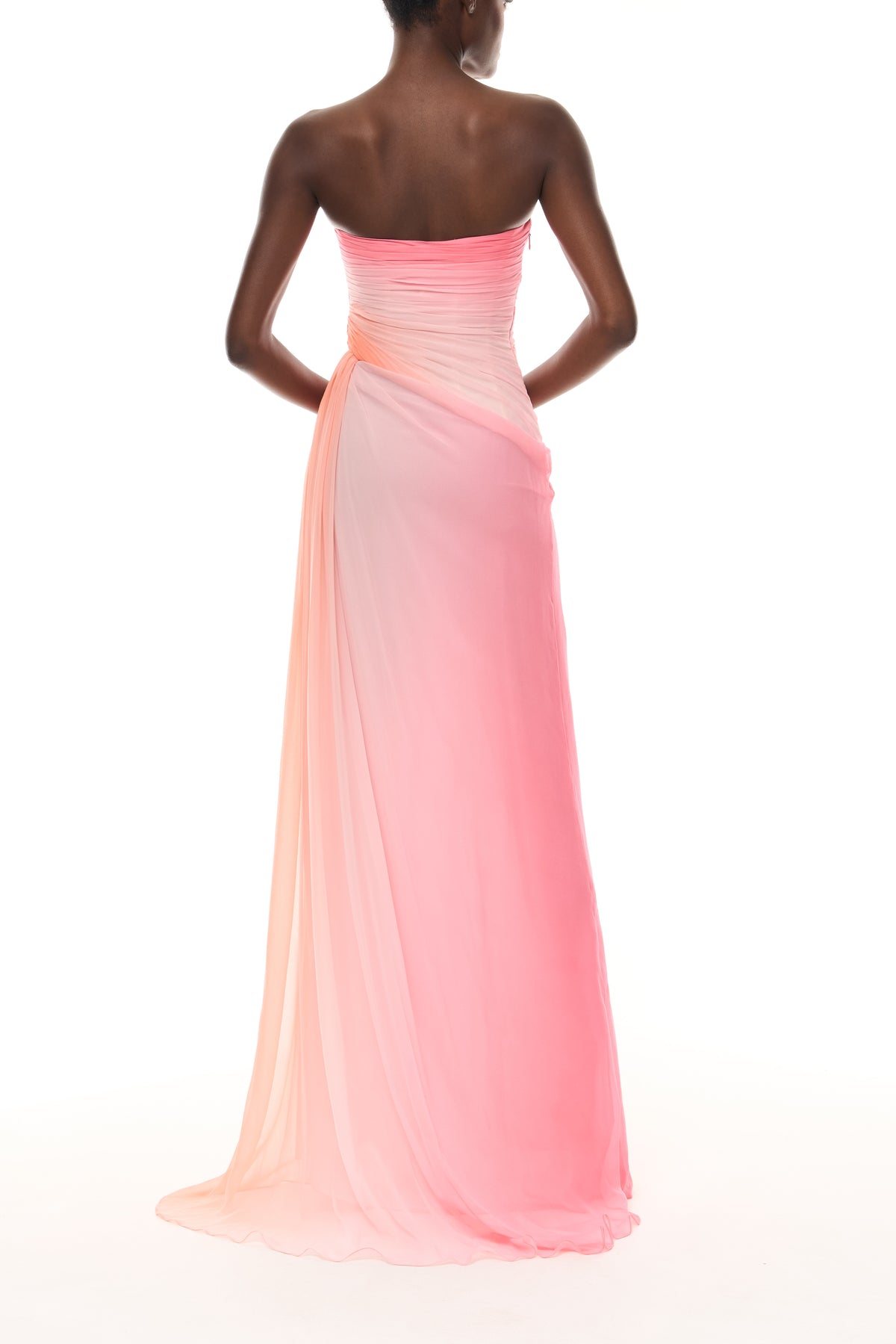 Monique Lhuillier Spring 2026 Plumeria Ombre Printed Chiffon Strapless asymmetric draped gown - back.