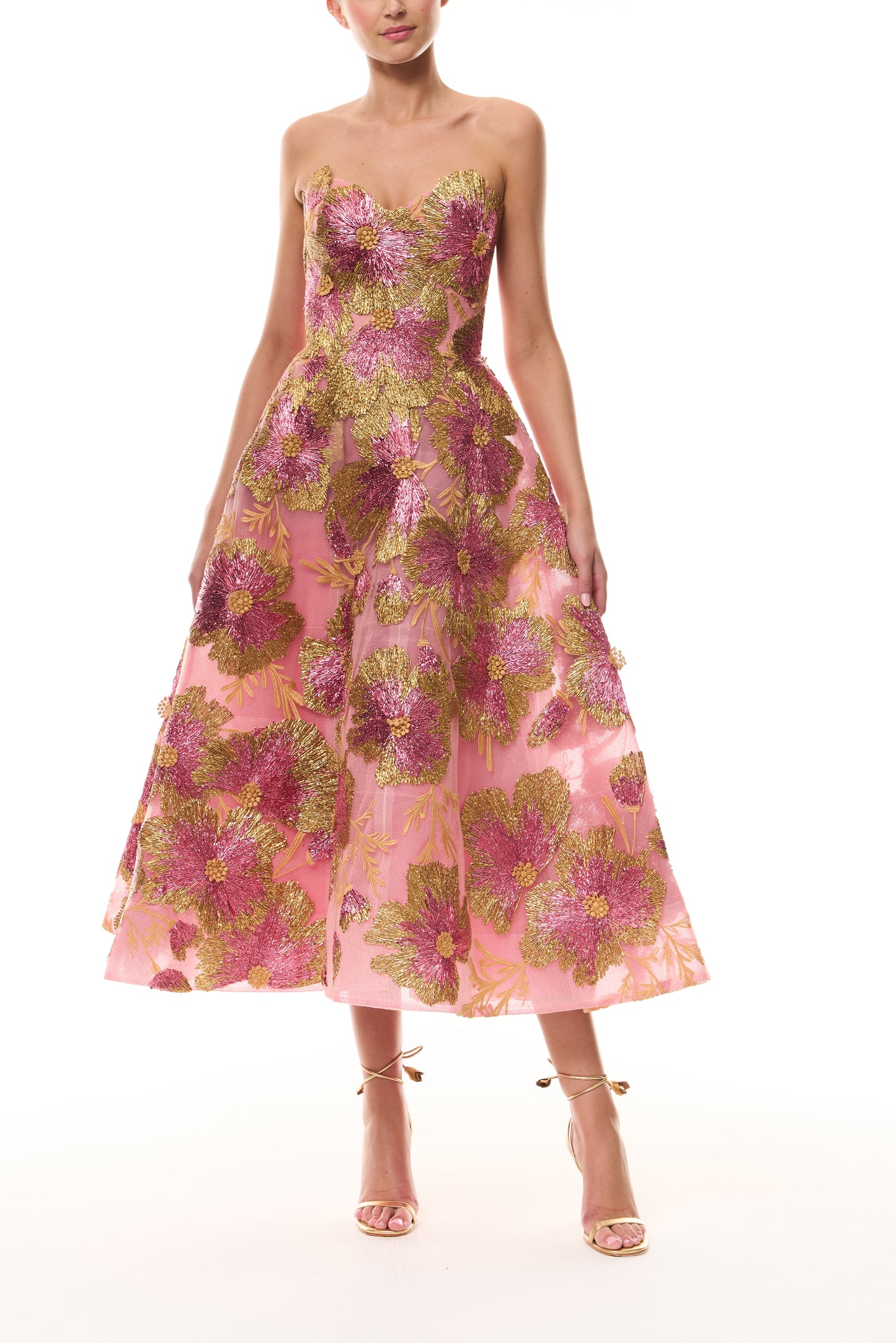 Monique Lhuillier Spring 2026 Plumeria Multi Metallic Raffia Floral Embroidered
Tulle sweetheart tea length cocktail dress - front.