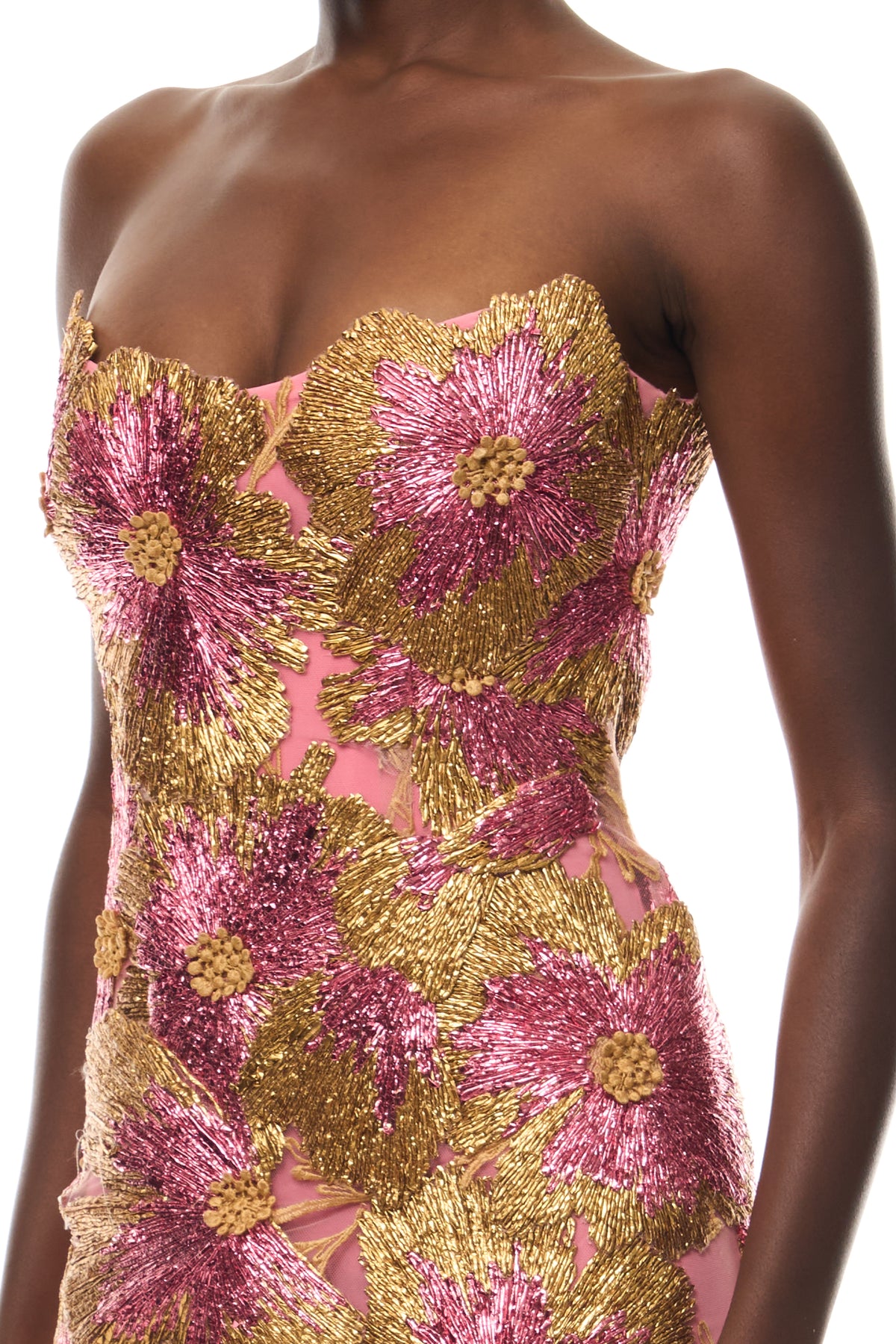 Monique Lhuillier Spring 2026 Plumeria/Multi Metallic Raffia Floral Embroidered strapless column gown- fabric.