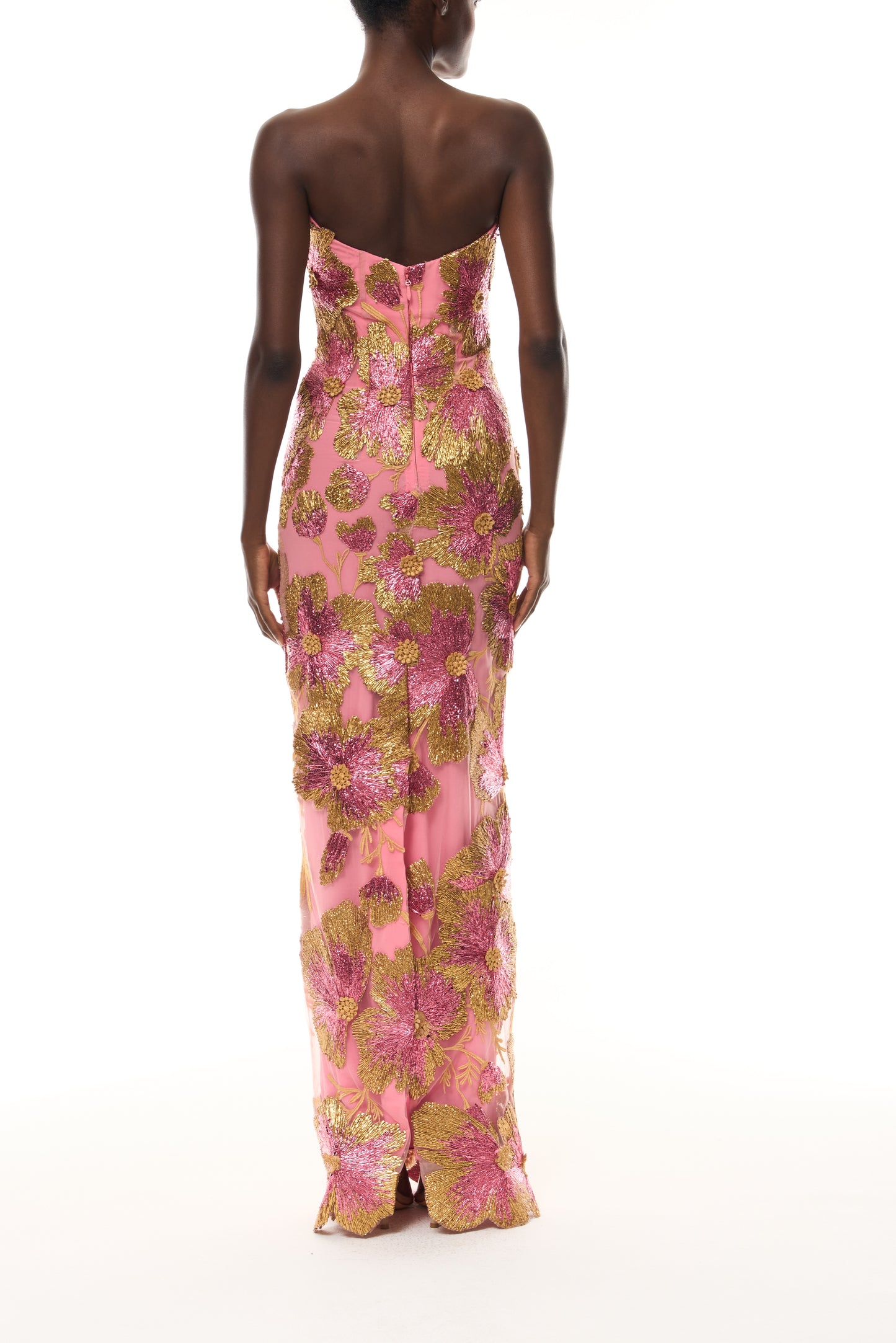 Monique Lhuillier Spring 2026 Plumeria/Multi Metallic Raffia Floral Embroidered strapless column gown-back.
