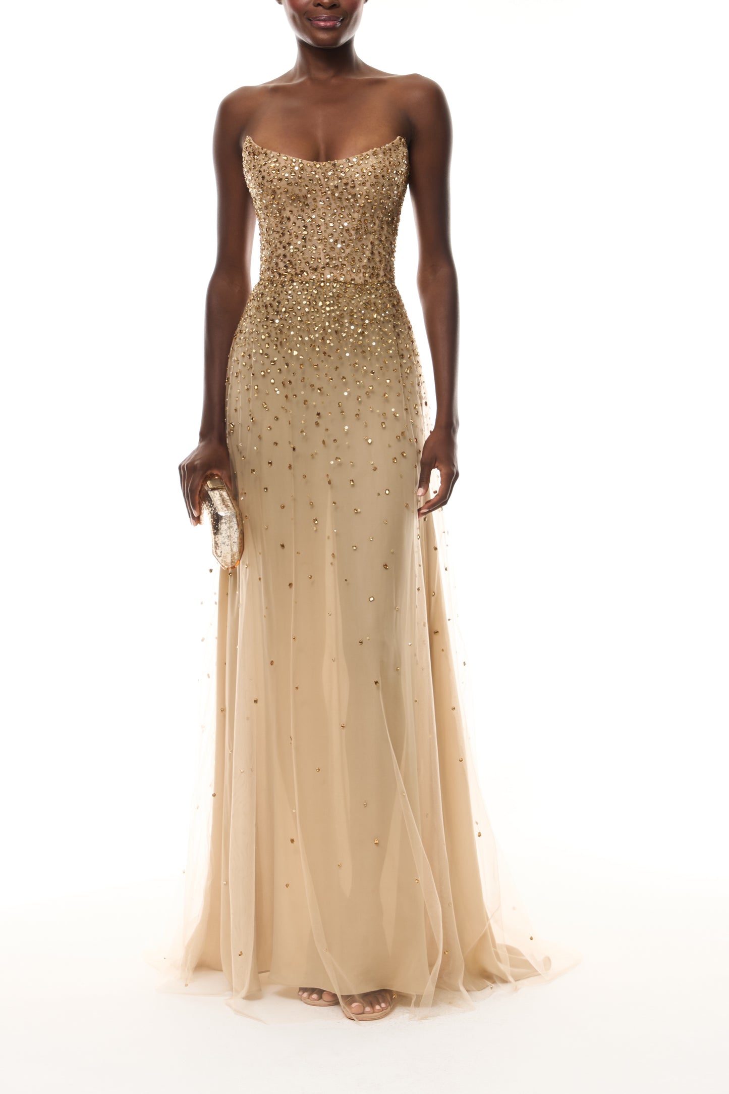 Monique Lhuillier Spring 2026 Gold Crystal Embroidered Tulle strapless gown - front with gold Dasha Minaudiere.