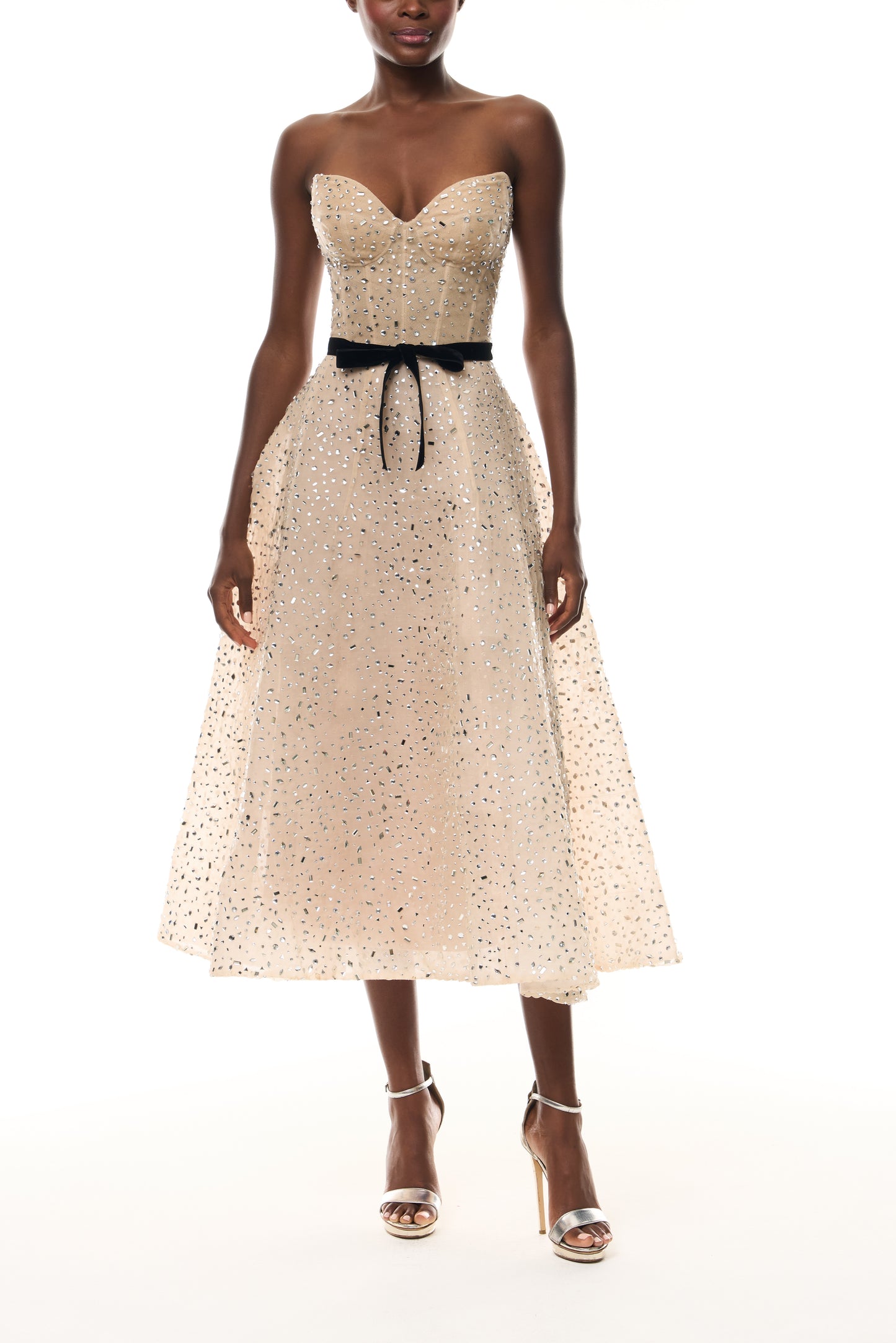 Nude Hot Fix Organza Sweetheart tea
- length cocktail dress with velvet belt- front.