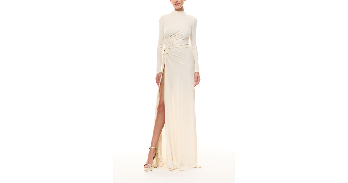 ivory long sleeve maxi dress Ginevra Velvet Cut Out in out adds interest from every angle Lace Long-Sleeve Maxi Dress in