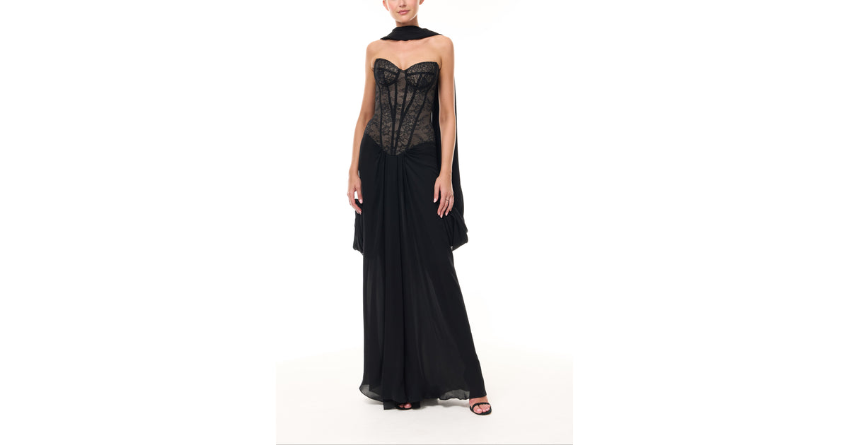 Lace Corseted Gown with Chiffon Shawl 18 / NOIR