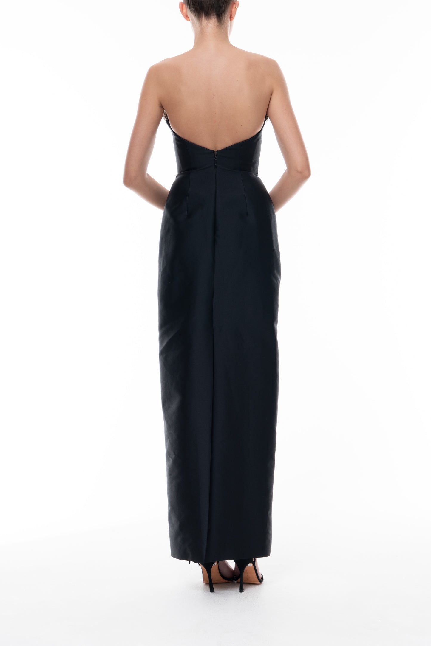 Monique Lhuillier Spring 2026 Noir Mikado Embroidered lapel column gown - back.