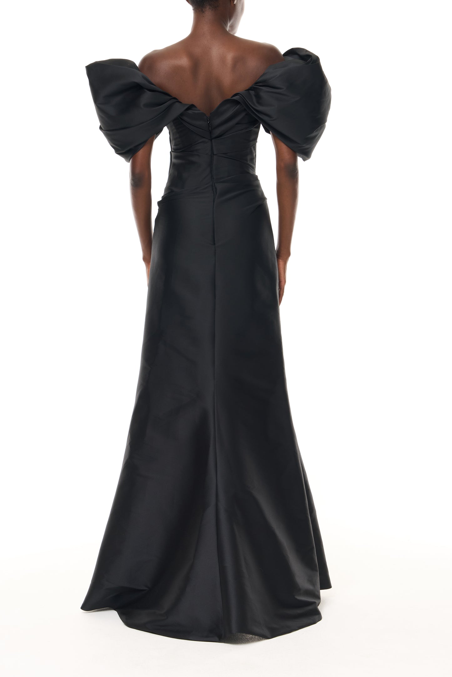 Monique Lhuillier Spring 2026 Noir Stretch Mikado draped sleeve floor-length off-the-shoulder gown - back.