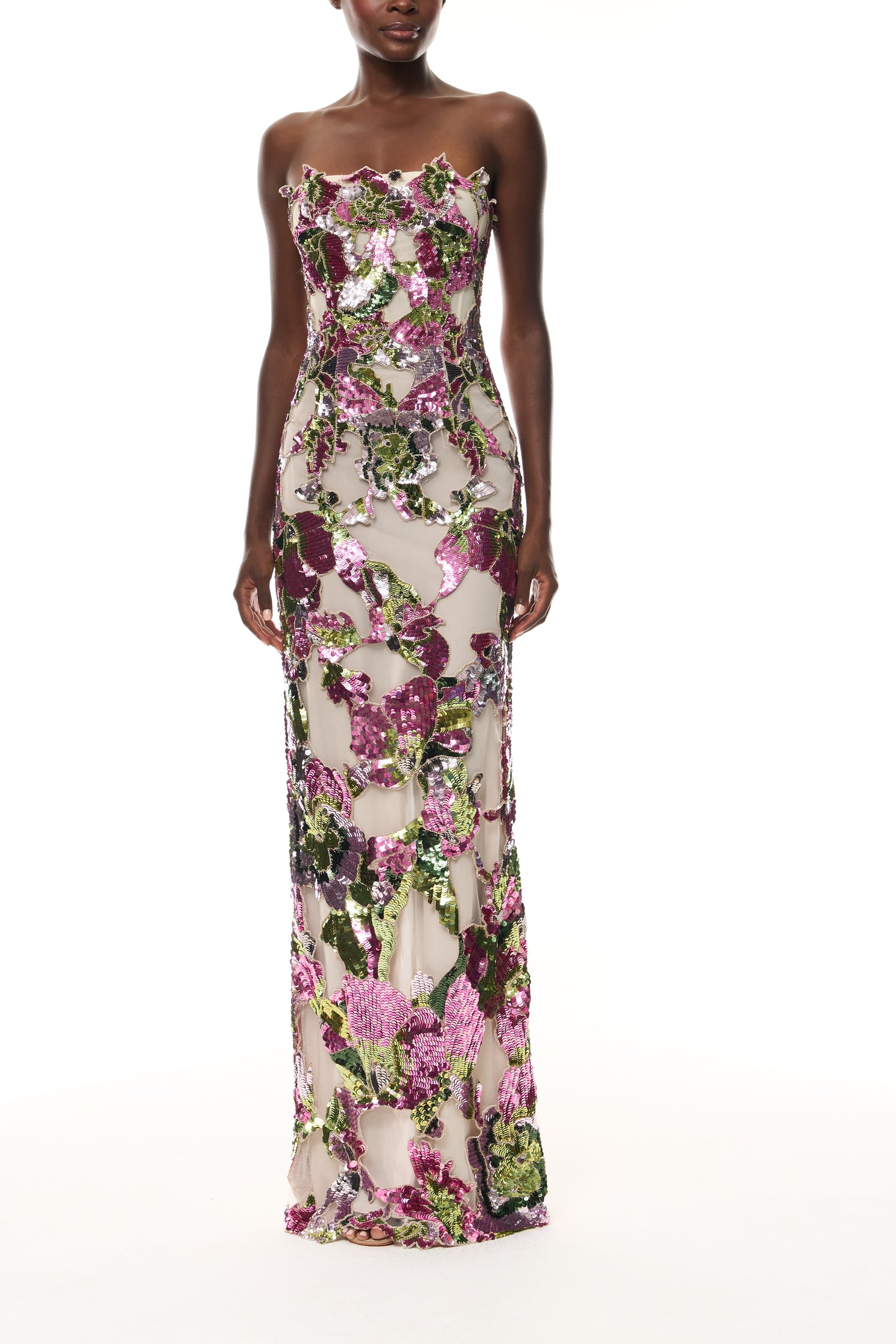 Monique Lhuillier Spring 2026 Carnation/Multi Tulip Sequin Embroidered Tulle strapless column gown - front.