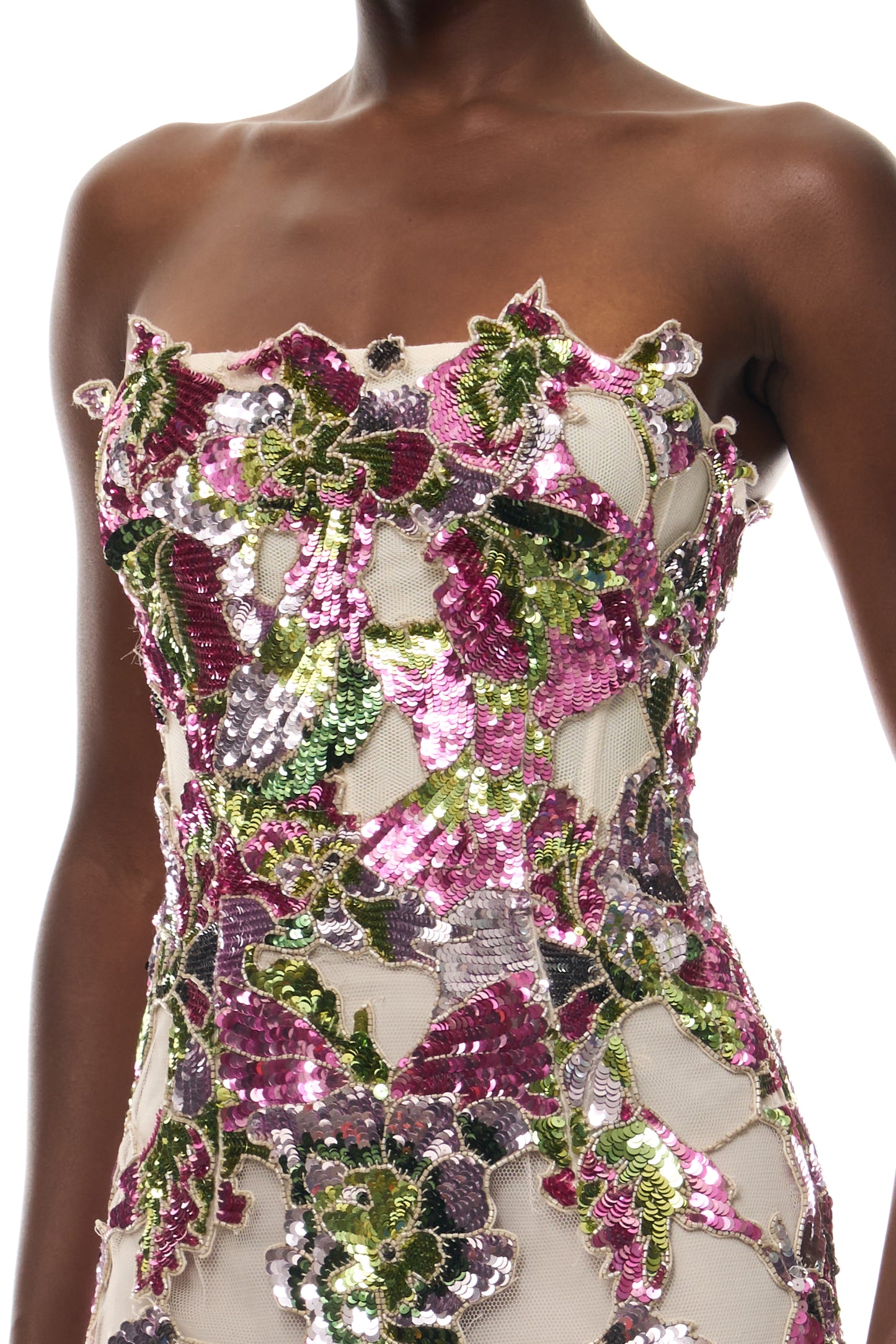 Monique Lhuillier Spring 2026 Carnation/Multi Tulip Sequin Embroidered Tulle strapless column gown - fabric.