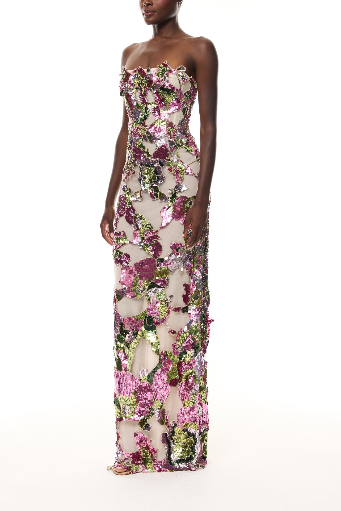 Monique Lhuillier Spring 2026 Carnation/Multi Tulip Sequin Embroidered Tulle strapless column gown - side.