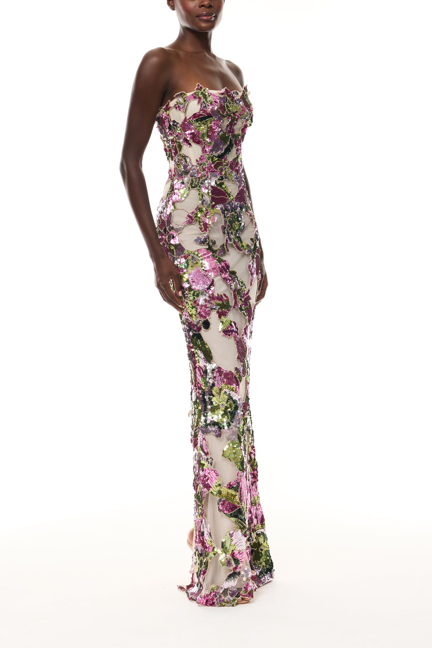 Monique Lhuillier Spring 2026 Carnation/Multi Tulip Sequin Embroidered Tulle strapless column gown - side.