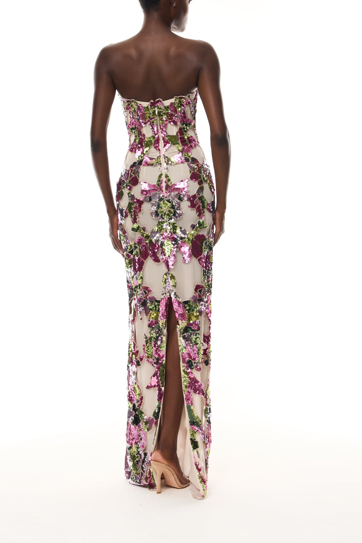 Monique Lhuillier Spring 2026 Carnation/Multi Tulip Sequin Embroidered Tulle strapless column gown - back.