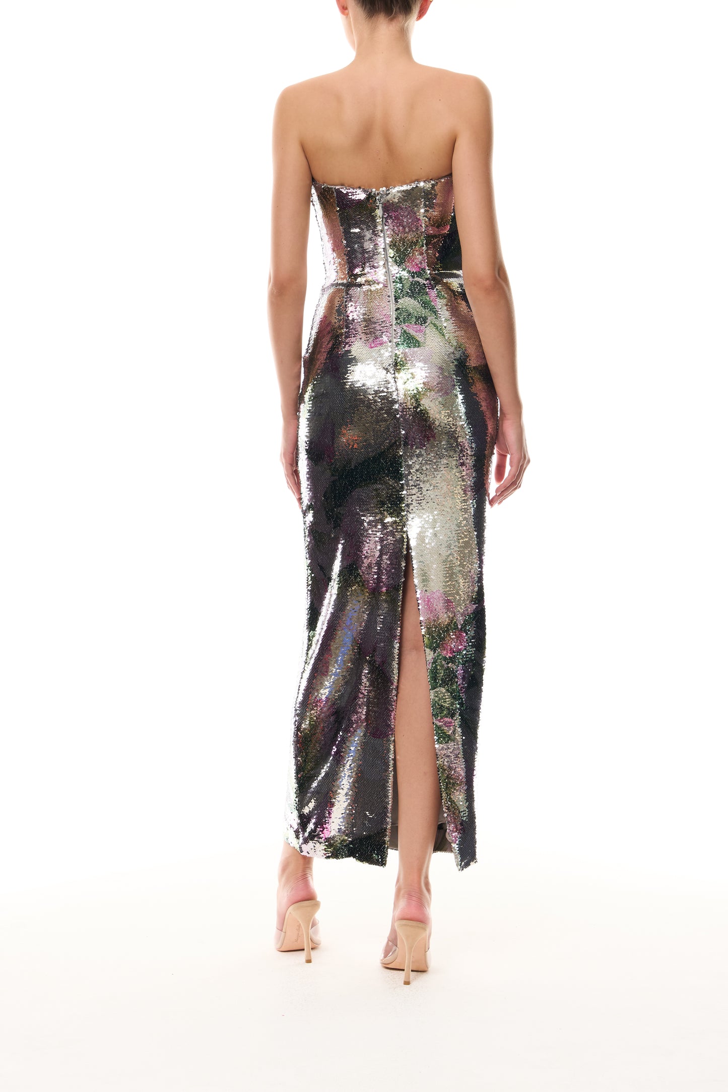 Monique Lhuillier Spring 2026 Silver Multi Large Tulip Printed Sequin Strapless column gown - back.