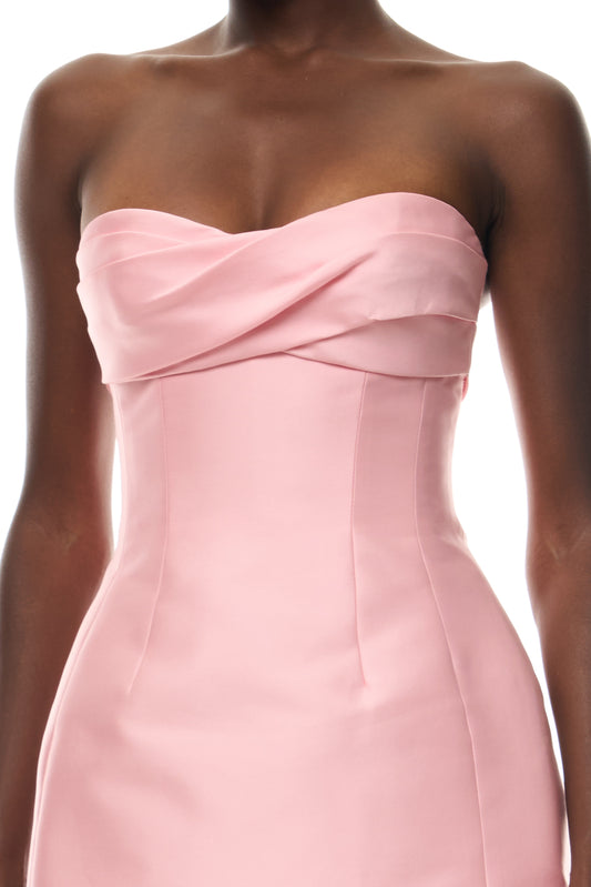Monique Lhuillier Spring 2026 Carnation Mikado Strapless draped neckline sculpted mini dress - side.