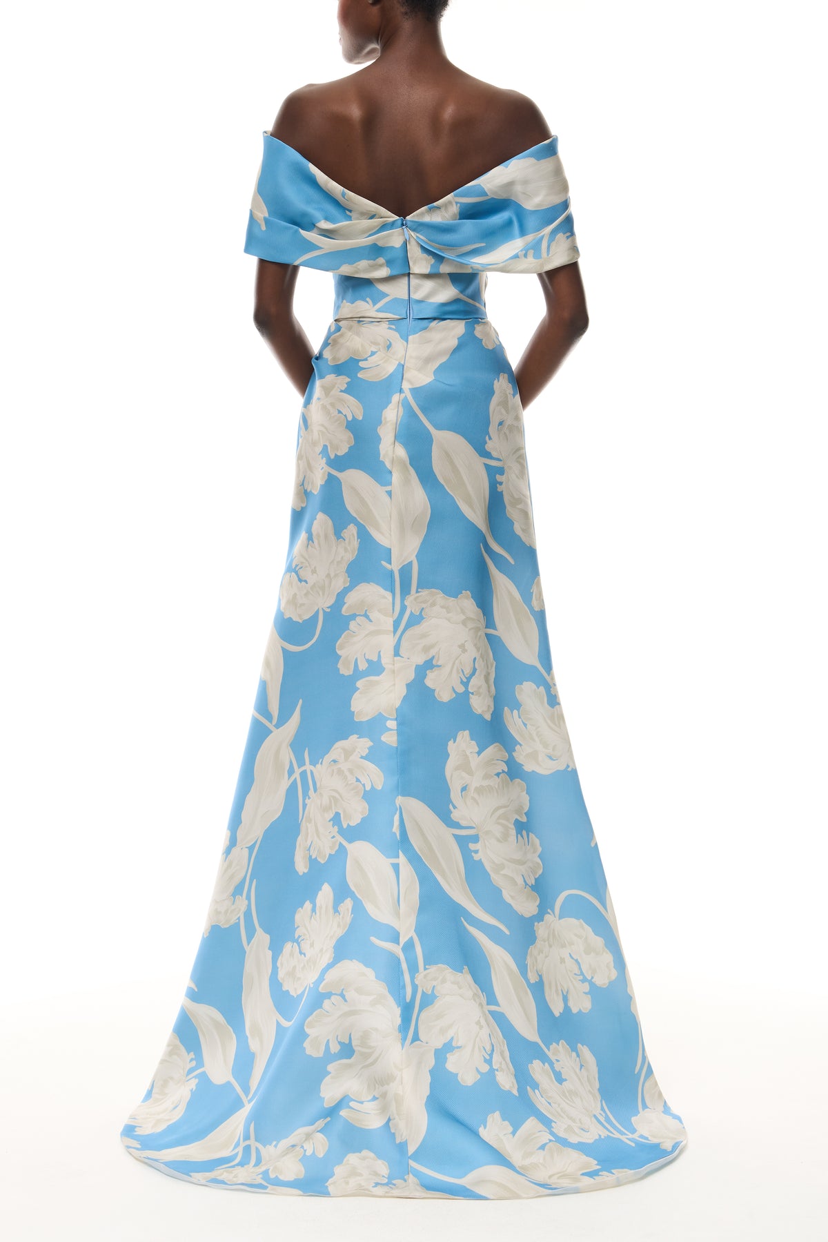 Monique Lhuillier Spring 2026 Bluebelle Multi Floating Tulip Printed Gazar Asymmetric draped off-the-shoulder A-line gown - back.
