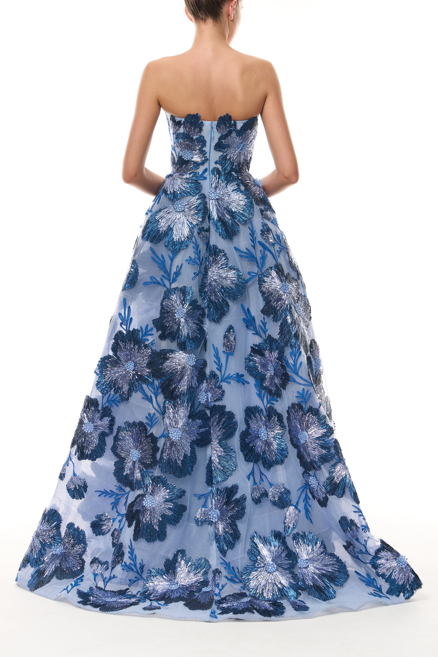 Monique Lhuillier Spring 2026 Lake/Multi Metallic Raffia Floral Embroidered Tulle Strapless ball gown - back.