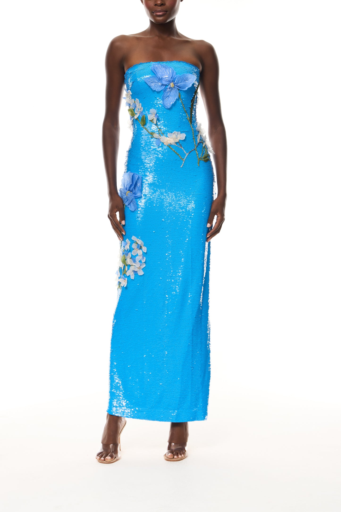 Monique Lhuillier Spring 2026 Strapless embroidered sequin column gown in Bluebelle Iris Bouquet Embroidered
Sequin - front.
