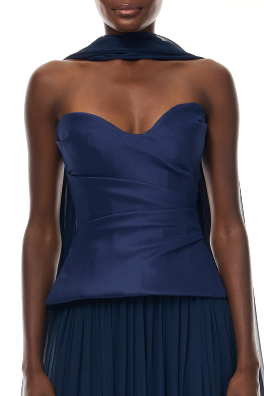 Monique Lhuillier Spring 2026 Navy Stretch Mikado/Chiffon Strapless dropped waist corset gown and shawl - fabric.