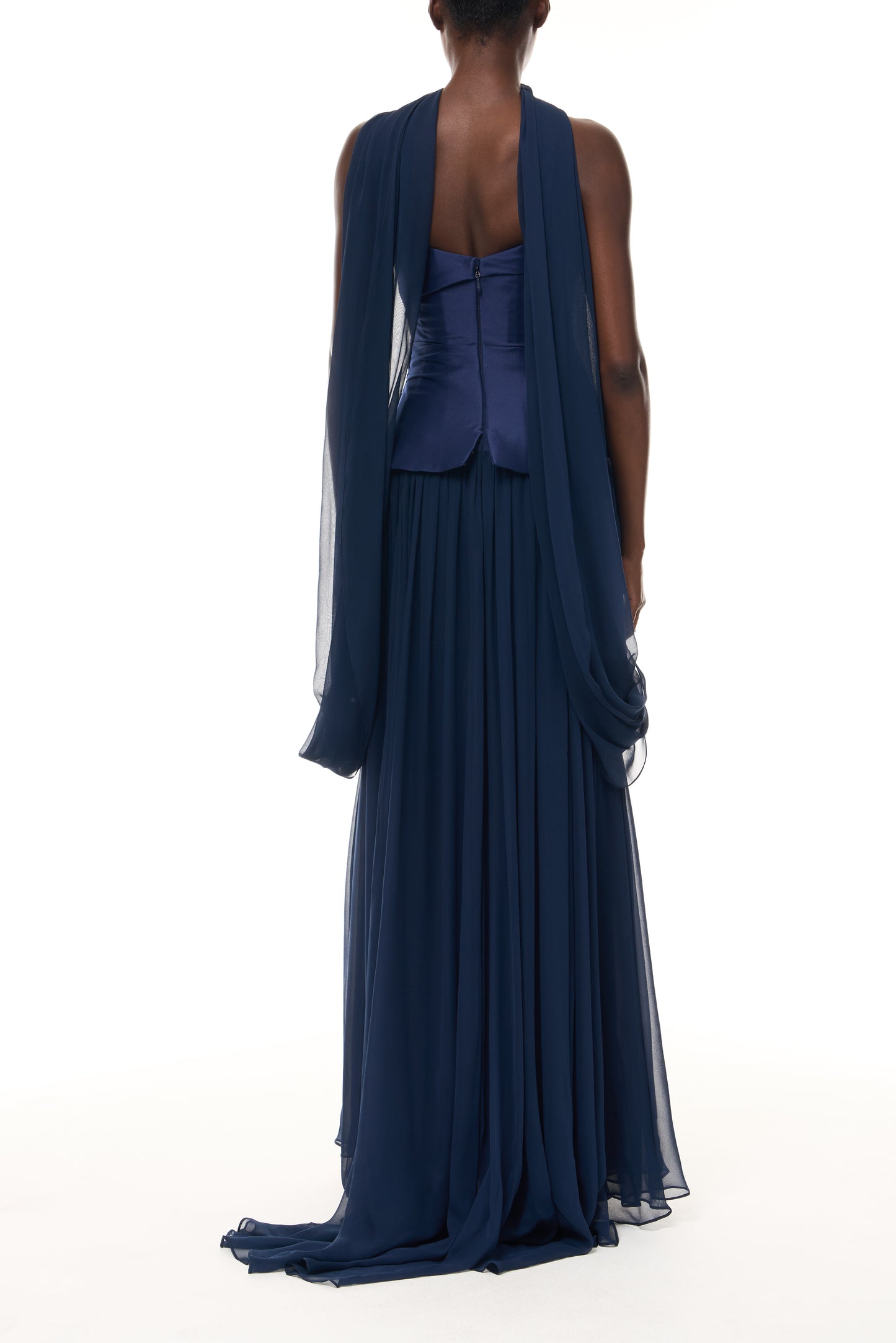 Monique Lhuillier Spring 2026 Navy Stretch Mikado/Chiffon Strapless dropped waist corset gown and shawl - back.