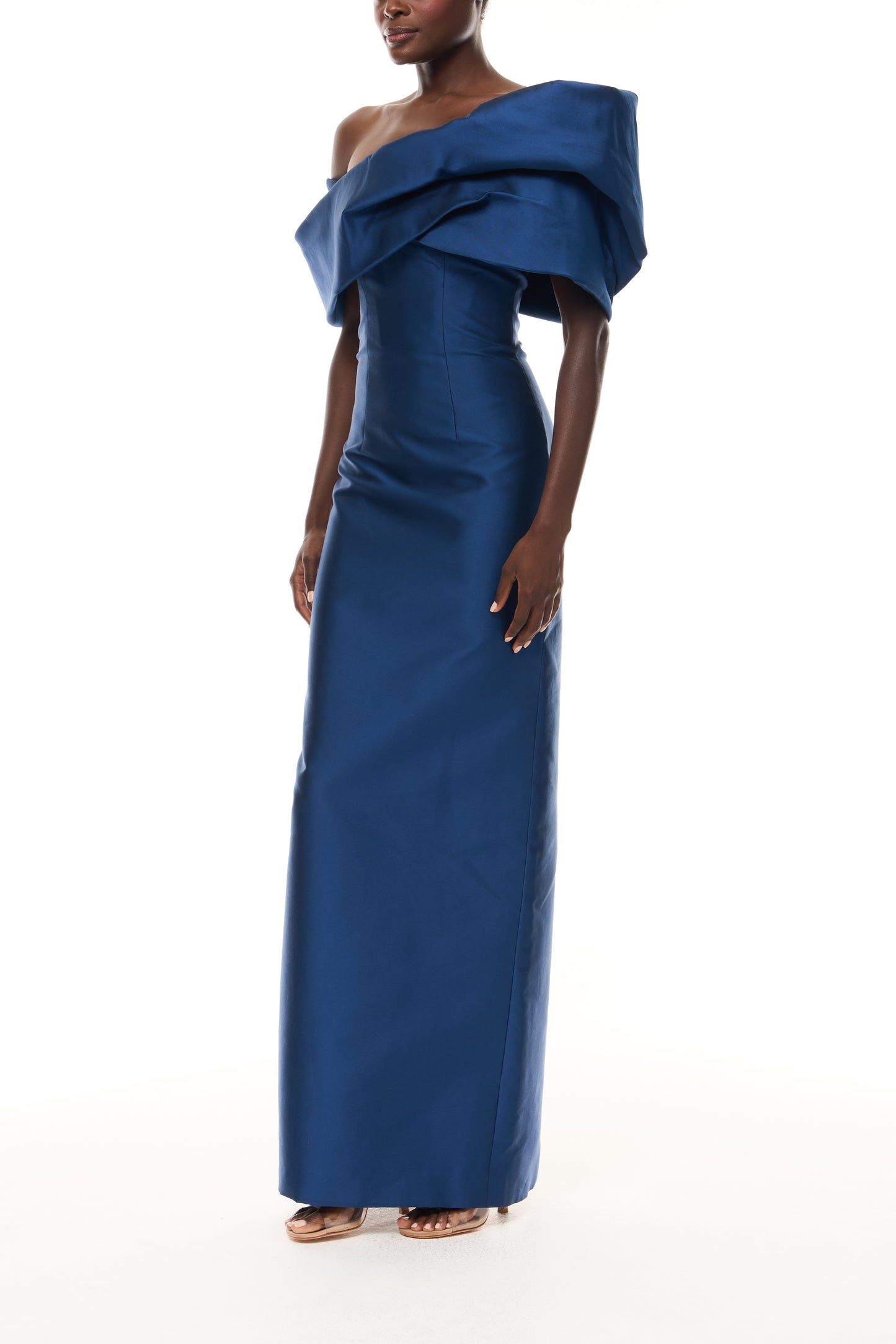 Monique Lhuillier Spring 2026 Navy Mikado Asymmetric drape neckline column gown - side.