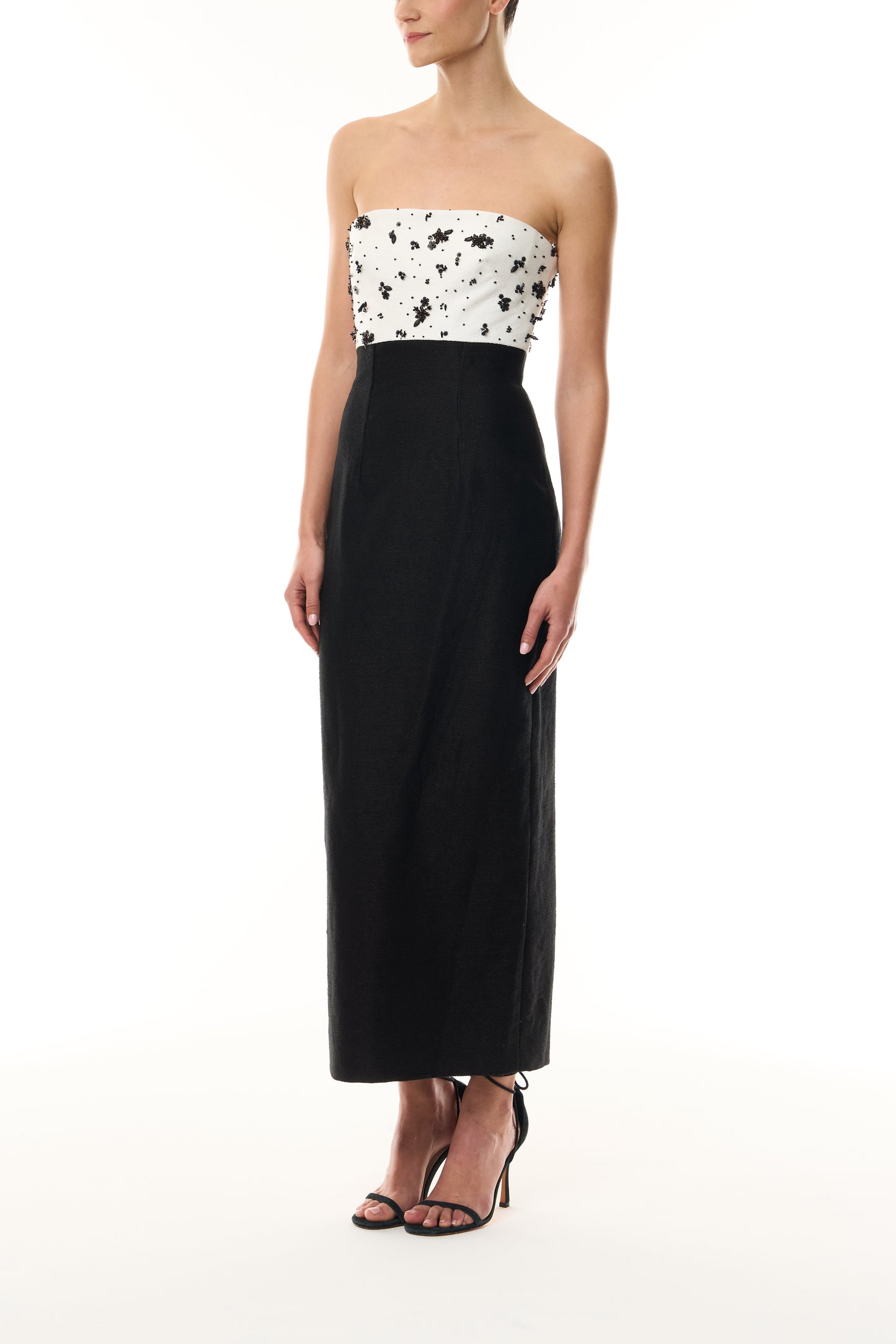 Monique Lhuillier Fall 2026 Silk White/Noir Petite Fleur Embroidered Basketweave Strapless embroidered bodice midi cocktail dress -side.
