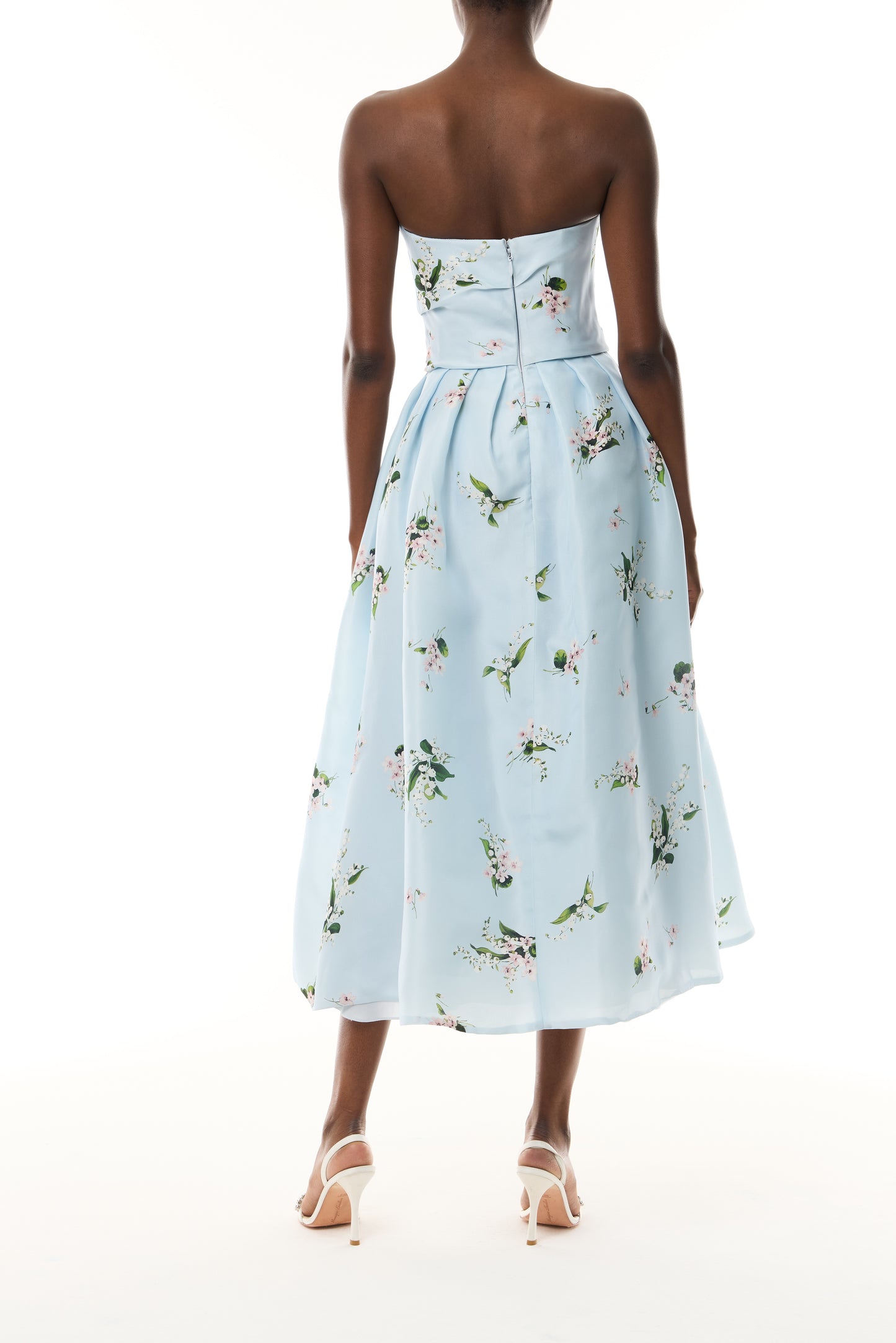 Monique Lhuillier Fall 2026 Breeze Multi Floating Posies Printed Gazar Strapless tea length dress - back.