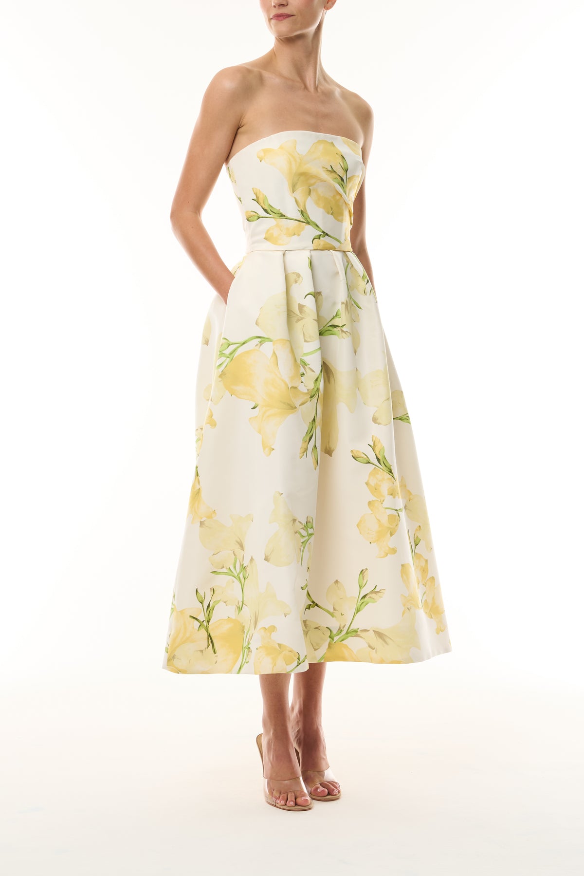 Monique Lhuillier pale yellow/multi Snapdragon Printed Faille Strapless Tea Length Dress - side.