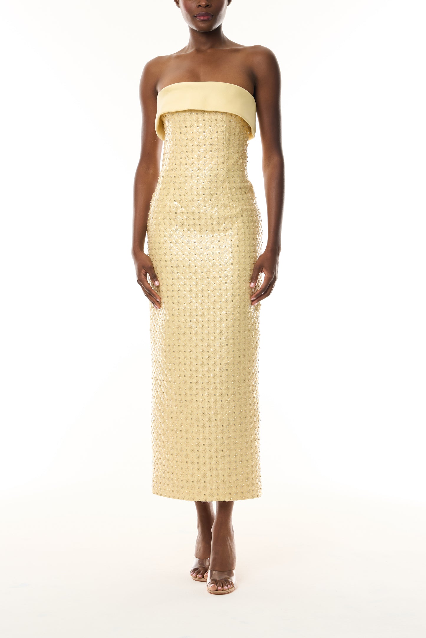 Monique Lhuillier Fall 2026 Pale Yellow Embroidered Mikado Piqué Strapless column dress - front.