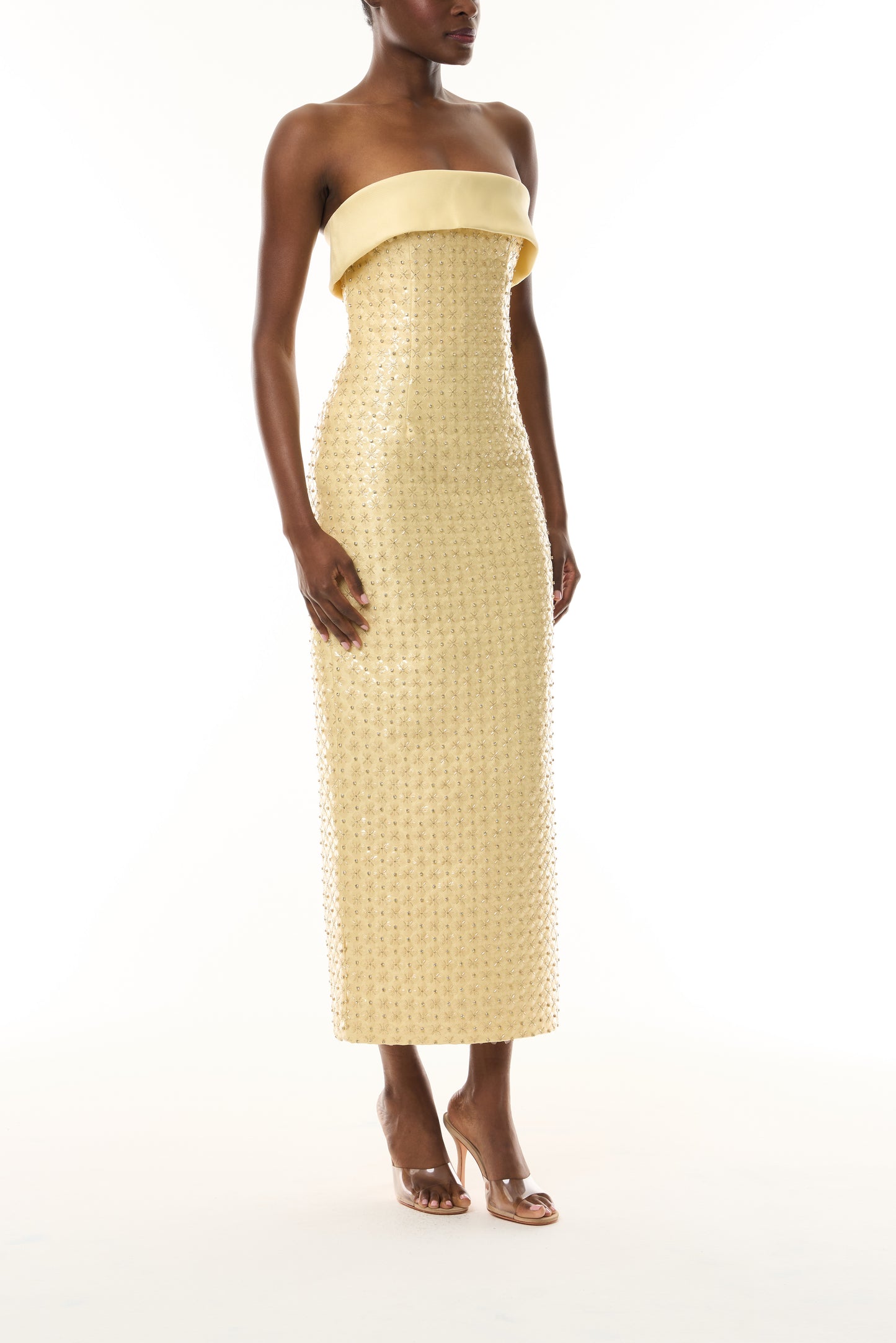 Monique Lhuillier Fall 2026 Pale Yellow Embroidered Mikado Piqué Strapless column dress - side.