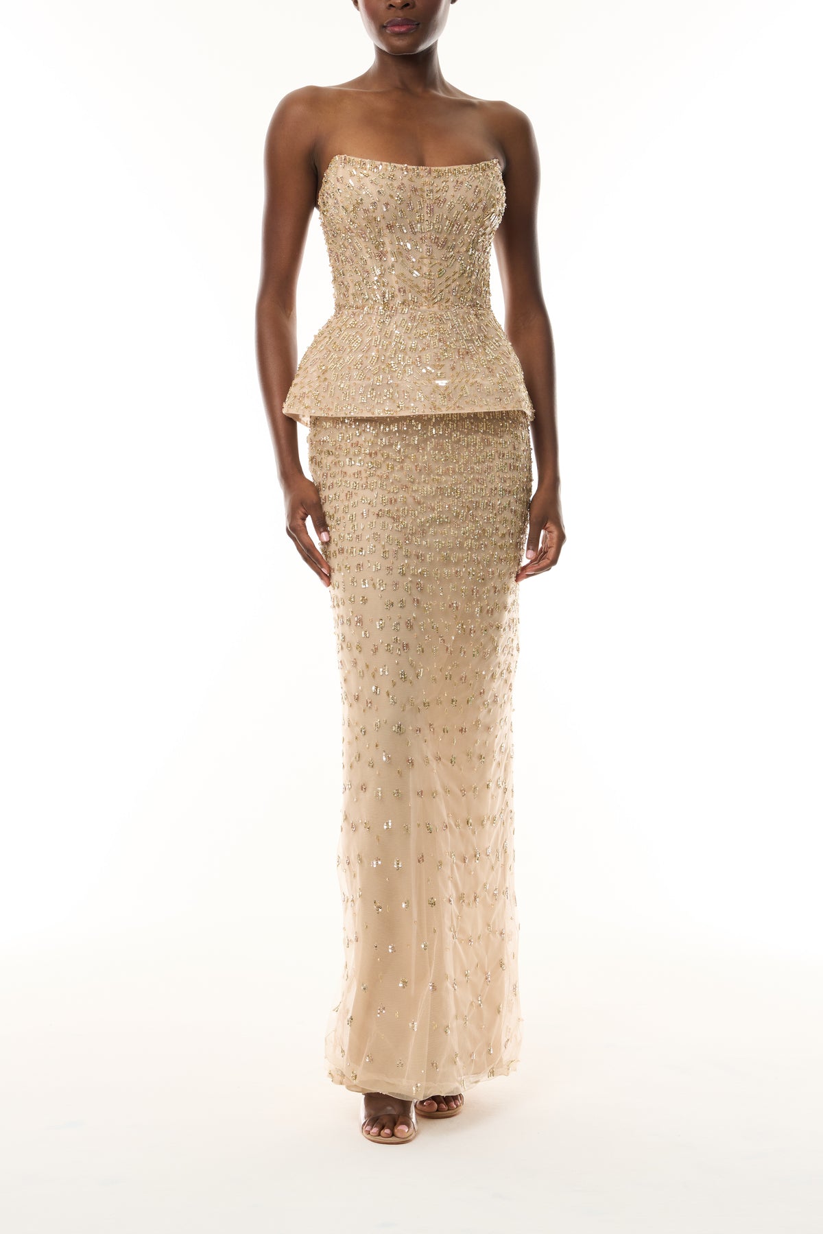 Monique Lhuillier Fall 2026 gold embroidered tulle strapless structured peplum column gown - front