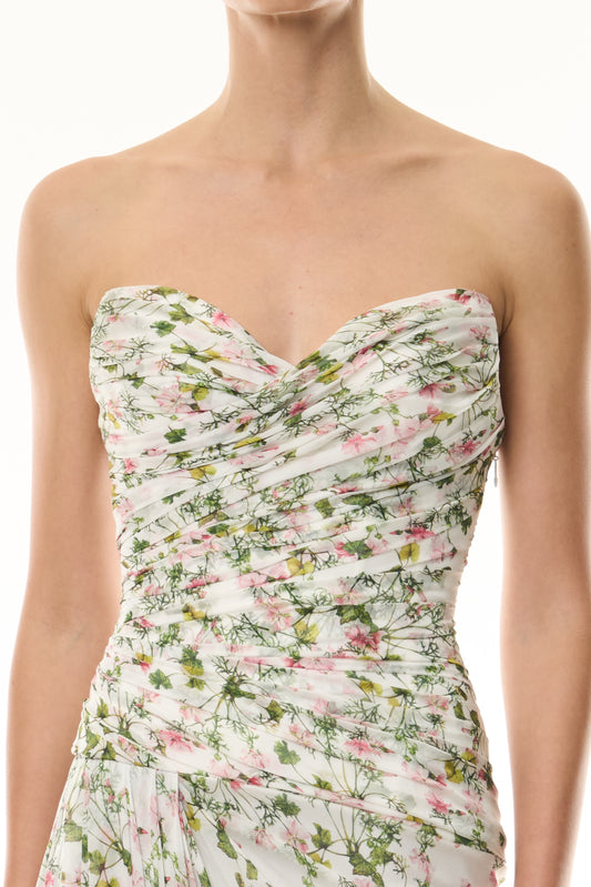Monique Lhuillier Fall 2026 Silk White/Multi Ivy Bloom Printed Silk Chiffon Strapless asymmetric draped bodice gown - fabric.