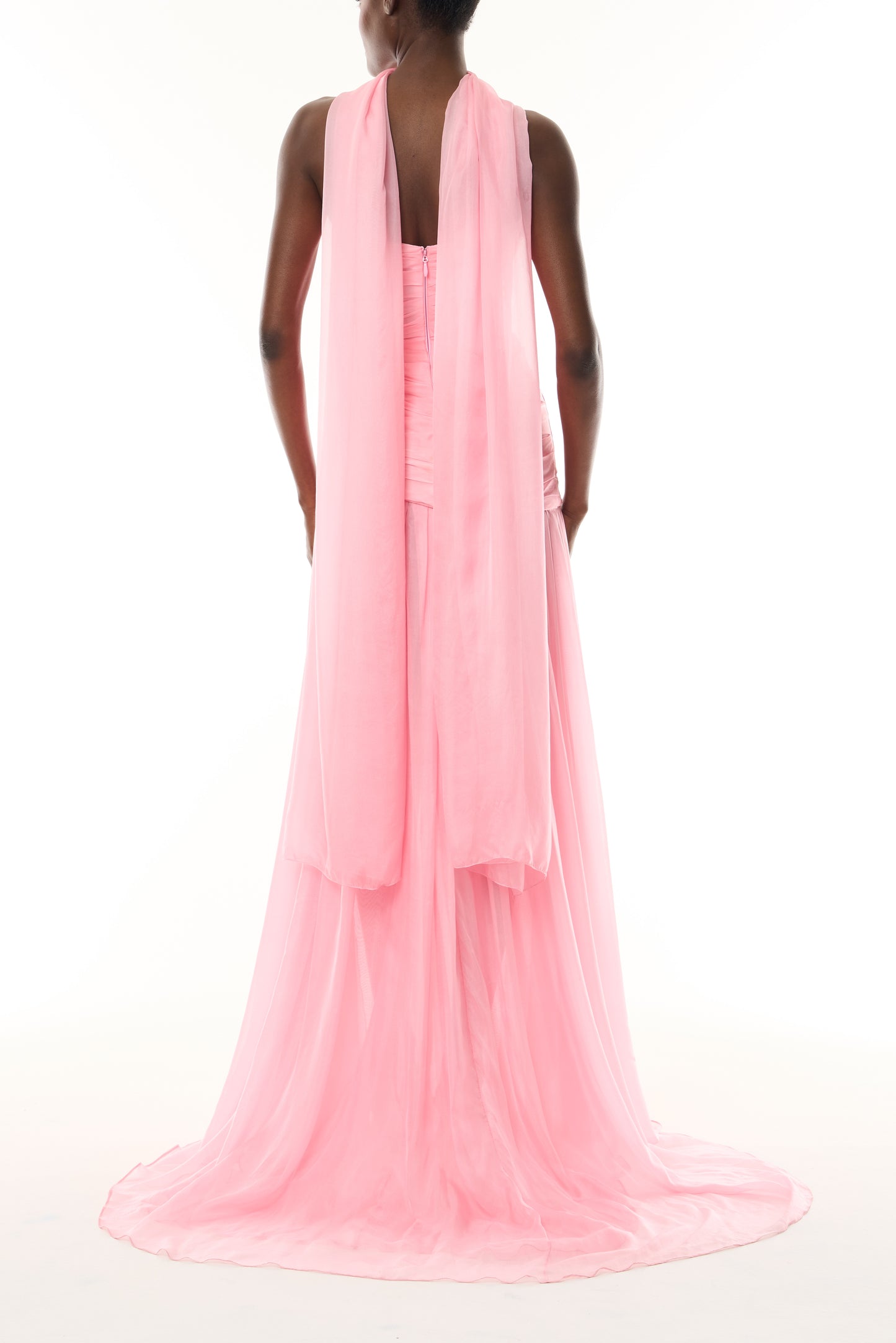 Monique Lhuillier Fall 2026 Sweetpea Iridescent Chiffon strapless asymmetric draped gown with scarf - back.