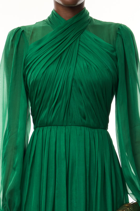 Monique Lhuillier Fall 2026 Sycamore Iridescent Chiffon long sleeve draped bodice gown - fabric.