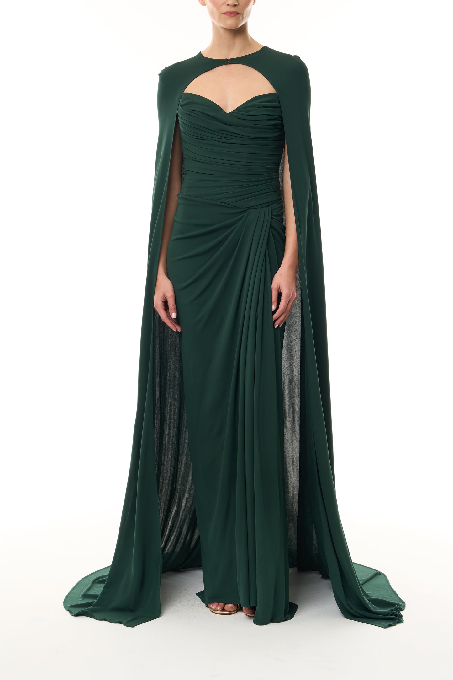 Monique Lhuillier Fall 2026 Sycamore Crepe Jersey strapless draped column gown and coordinating Sycamore Crepe Jersey floor length cape - front.