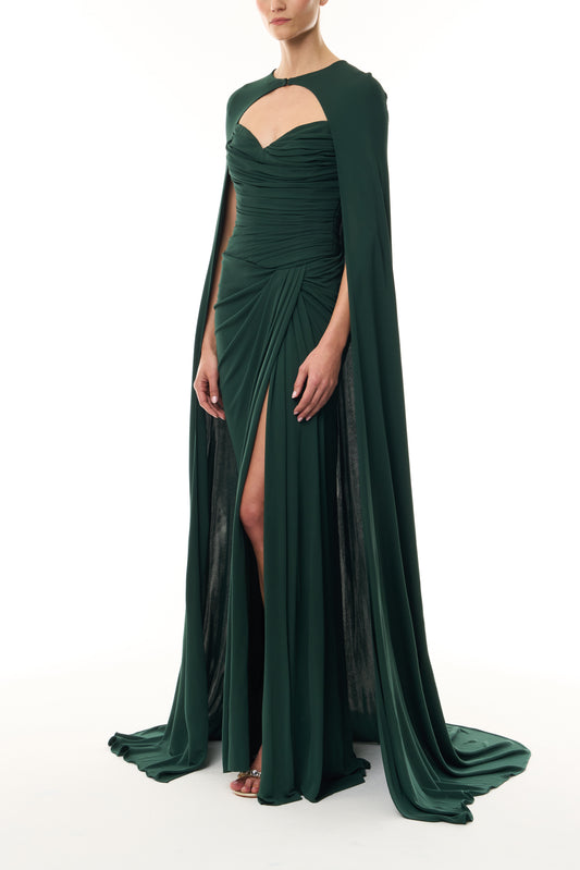 Monique Lhuillier Fall 2026 Sycamore Crepe Jersey strapless draped column gown and coordinating Sycamore Crepe Jersey floor length cape - side.