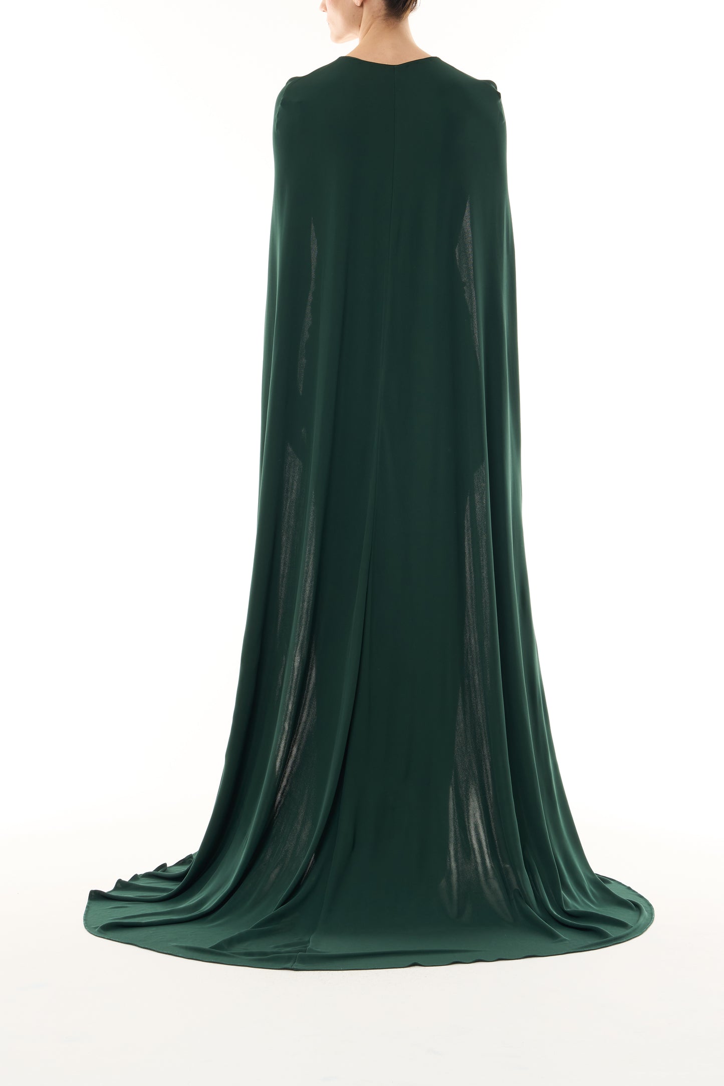 Monique Lhuillier Fall 2026 Sycamore Crepe Jersey strapless draped column gown and coordinating Sycamore Crepe Jersey floor length cape - back.