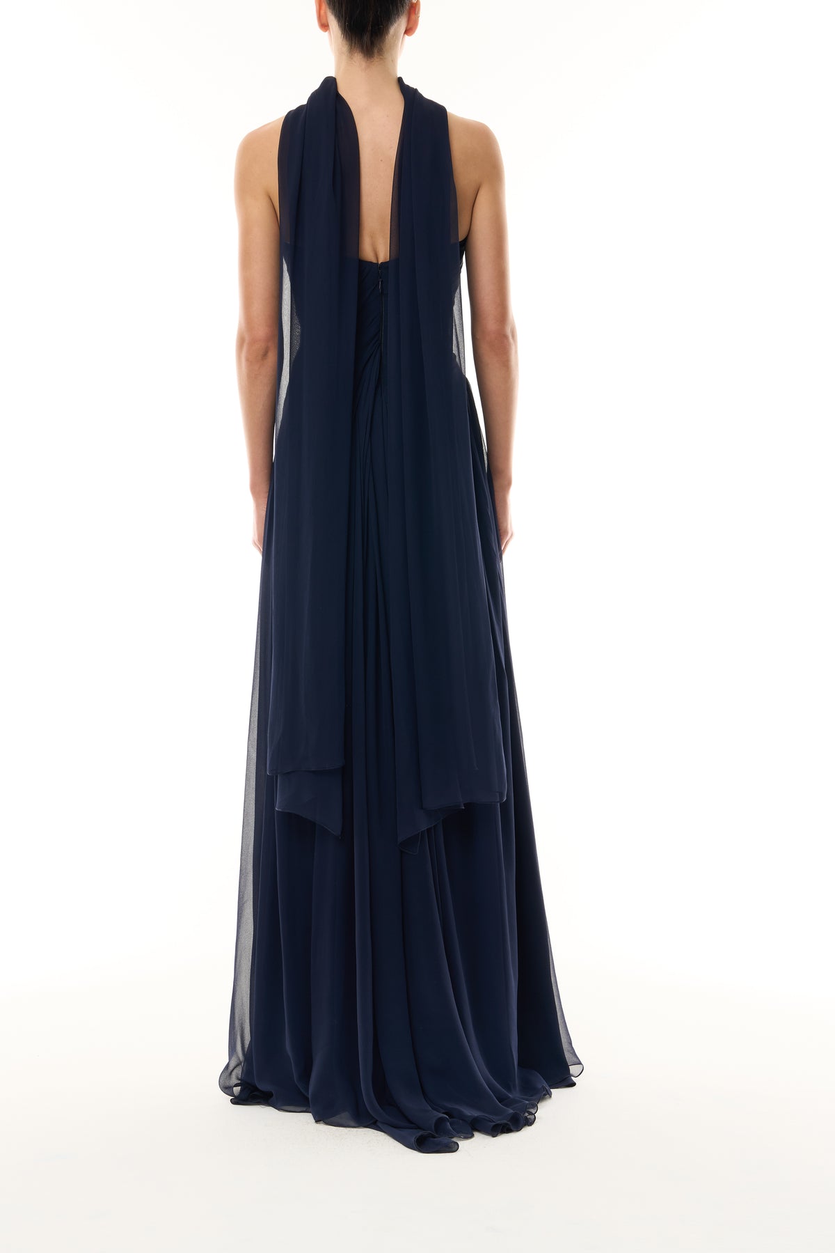 Monique Lhuillier Fall 2026 Navy chiffon strapless draped gown with scarf - back.