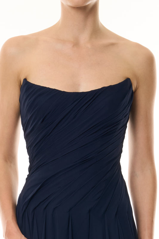 Monique Lhuillier Fall 2026 Navy chiffon strapless draped gown - fabric.