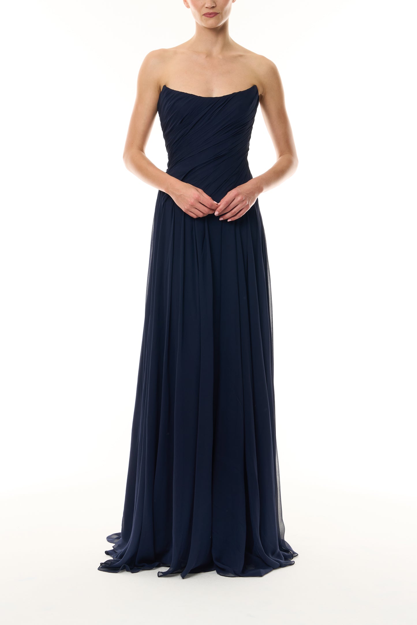 Monique Lhuillier Fall 2026 Navy chiffon strapless draped gown - front.