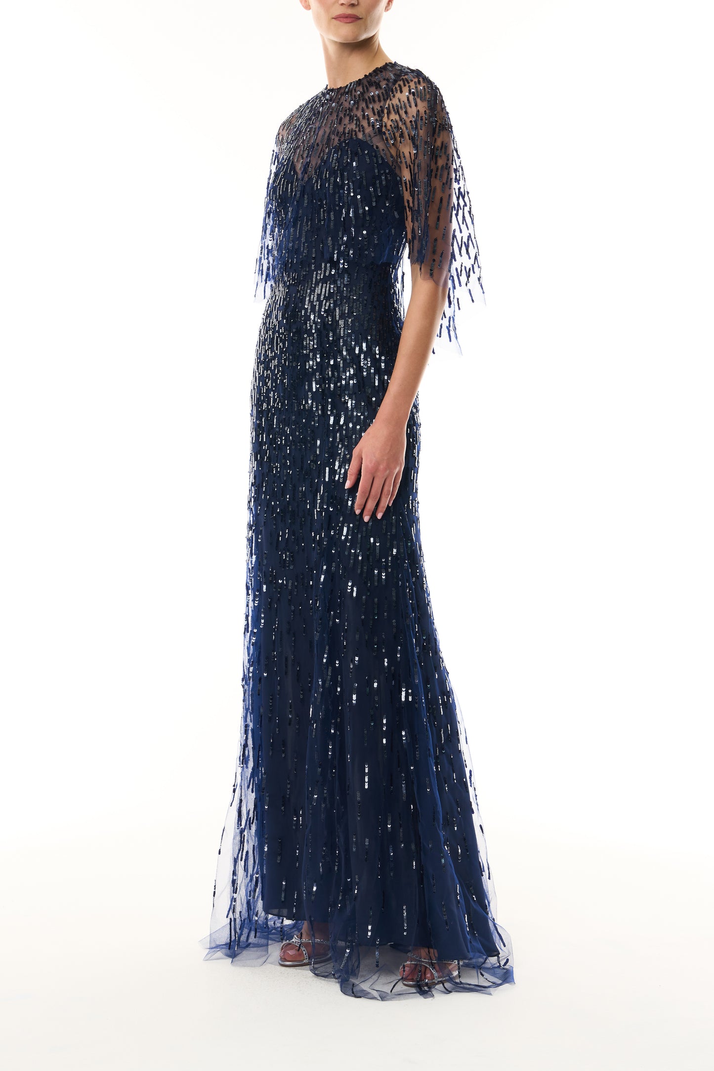 Monique Lhuillier Fall 2026 Navy and Sequin embroidered tulle Embroidered Gown with Capelet - side.