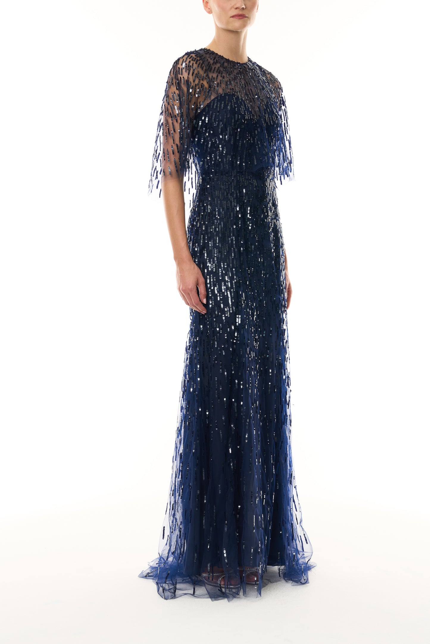 Monique Lhuillier Fall 2026 Navy and Sequin embroidered tulle Embroidered Gown with Capelet - side.