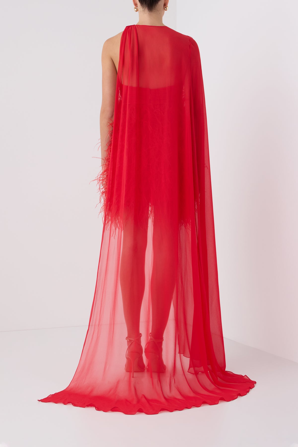 Monique Lhuillier Fall 2026 Siren embroidered feather tulle strapless mini cocktail dress with Siren chiffon cape and flower embellishment - back.