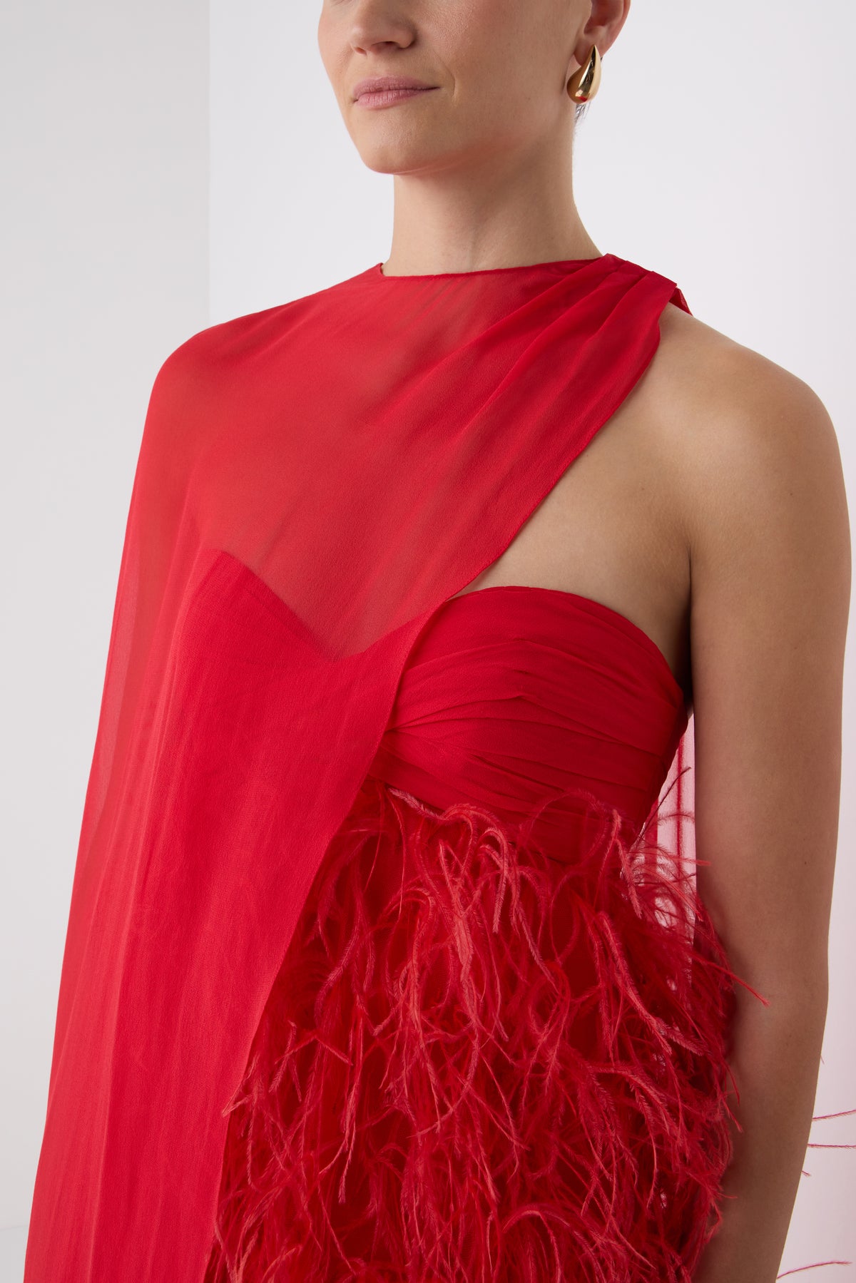 Monique Lhuillier Fall 2026 Siren embroidered feather tulle strapless mini cocktail dress with Siren chiffon cape and flower embellishment - fabric.