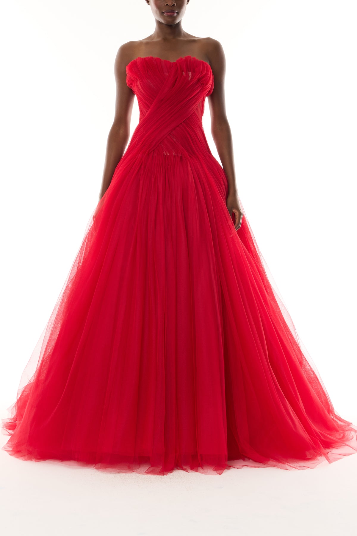 Monique Lhuillier Fall 2026 Siren red French Tulle strapless draped ballgown - front.