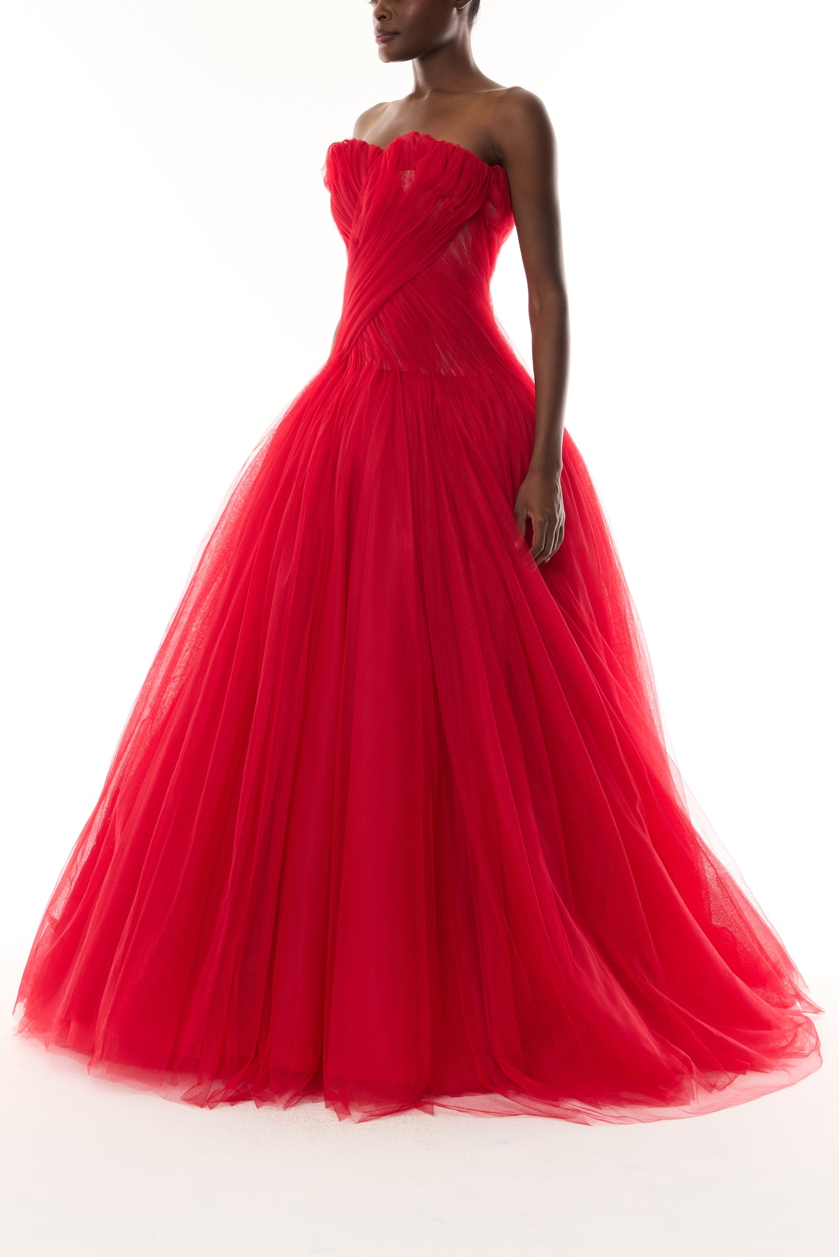 Monique Lhuillier Fall 2026 Siren red French Tulle strapless draped ballgown - side.